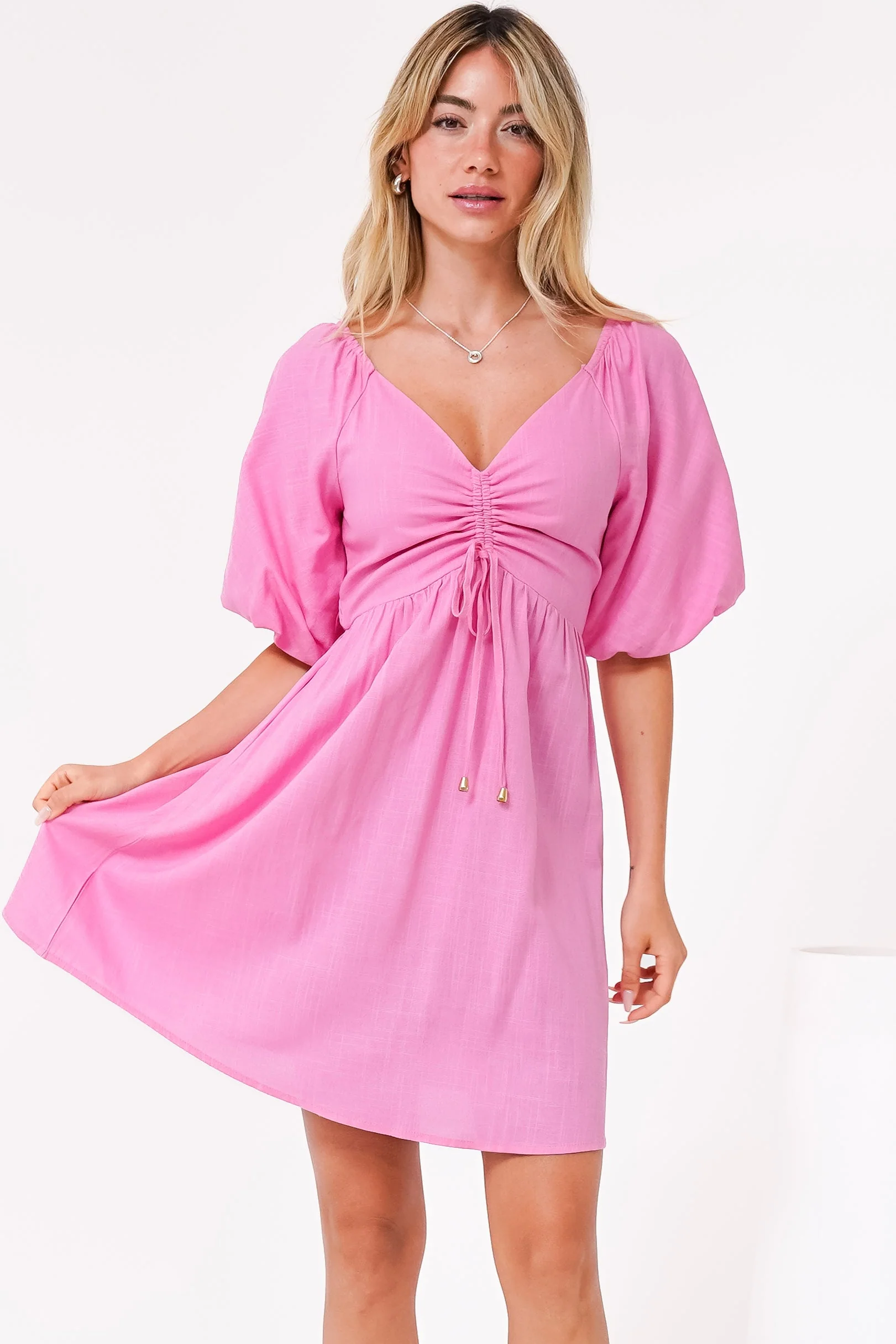Justina Mini Dress - V-Neck Gathered Bodise On or Off Shoulder Mini Dress in Pink - Image 7