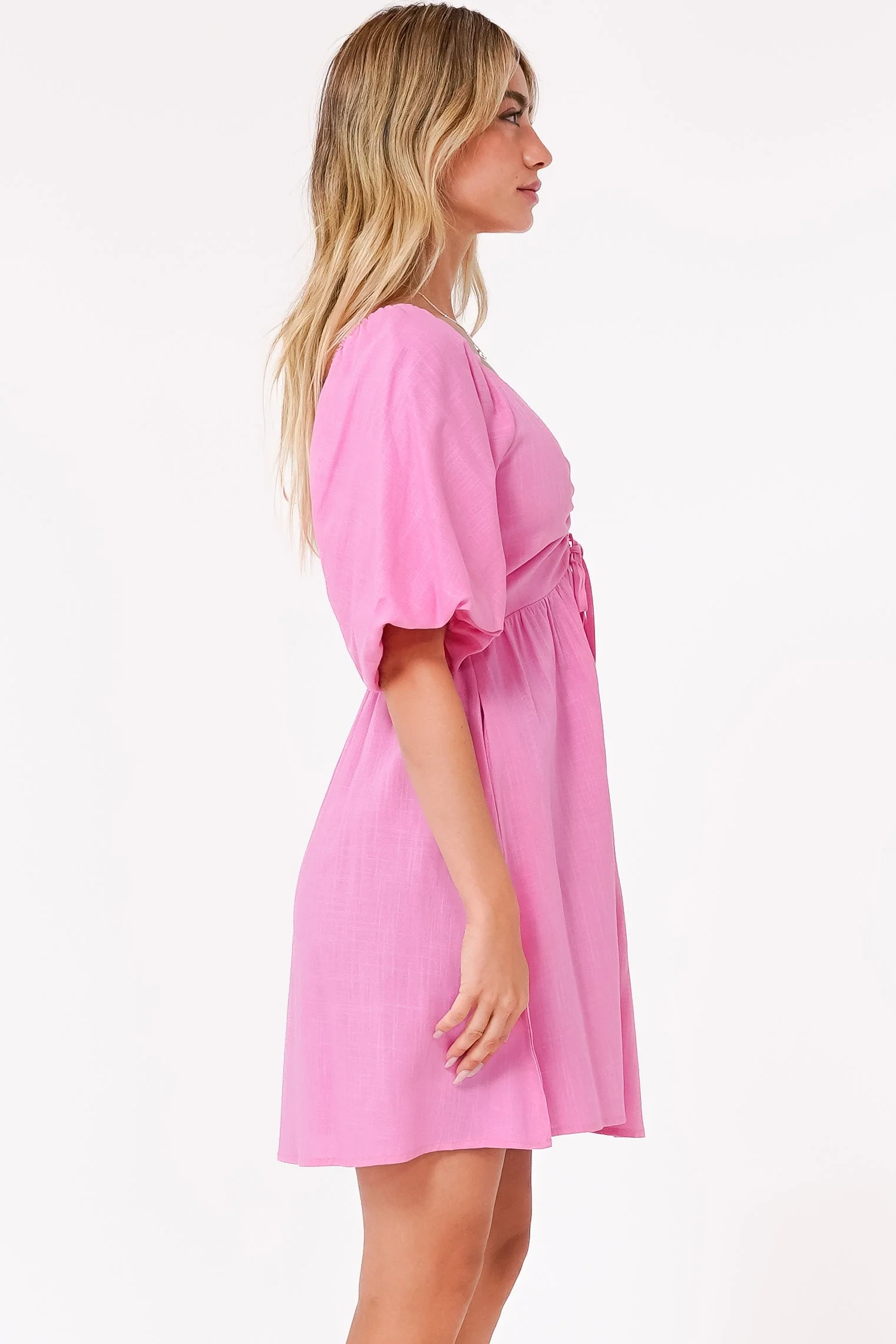 Justina Mini Dress - V-Neck Gathered Bodise On or Off Shoulder Mini Dress in Pink - Image 8
