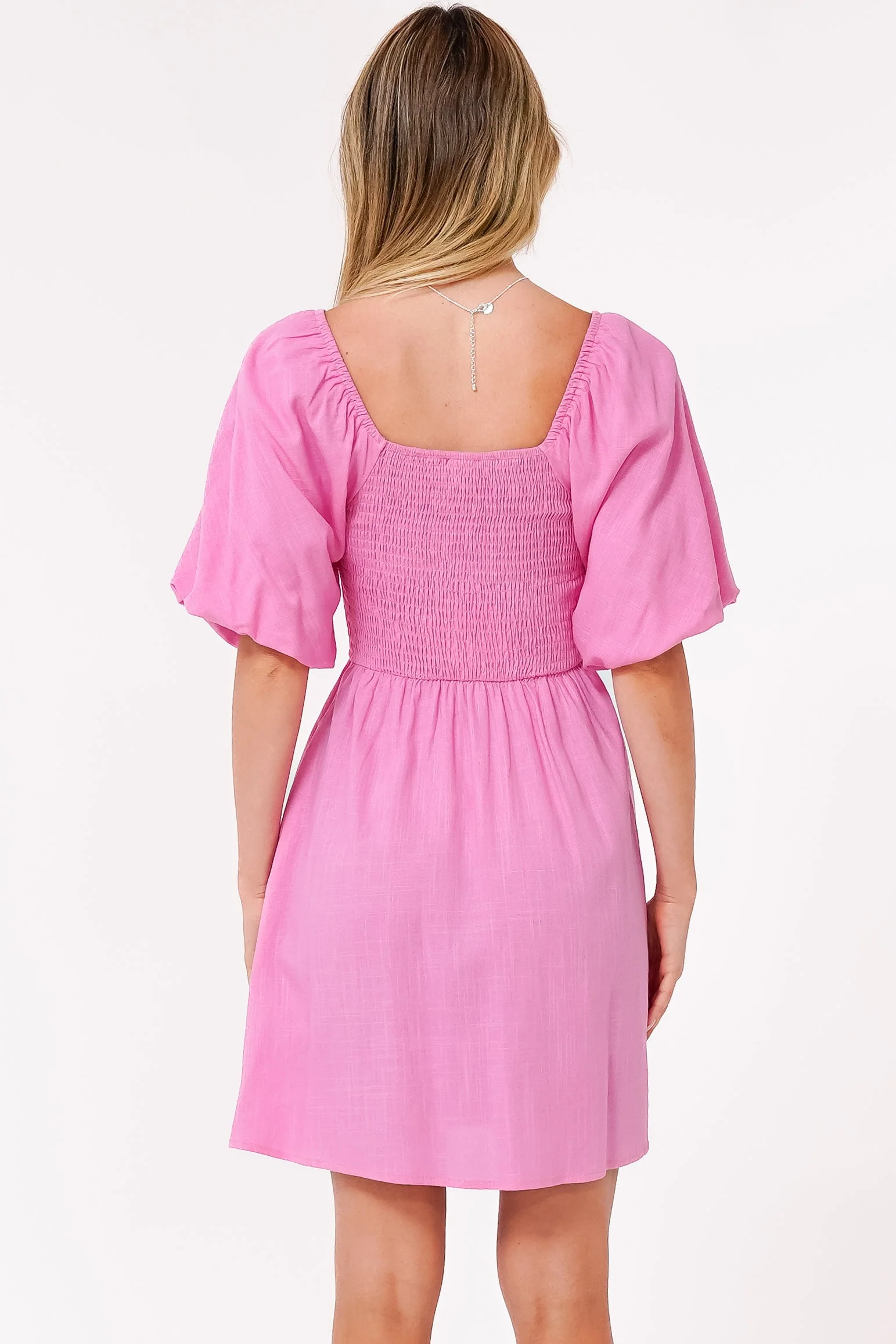 Justina Mini Dress - V-Neck Gathered Bodise On or Off Shoulder Mini Dress in Pink - Image 9