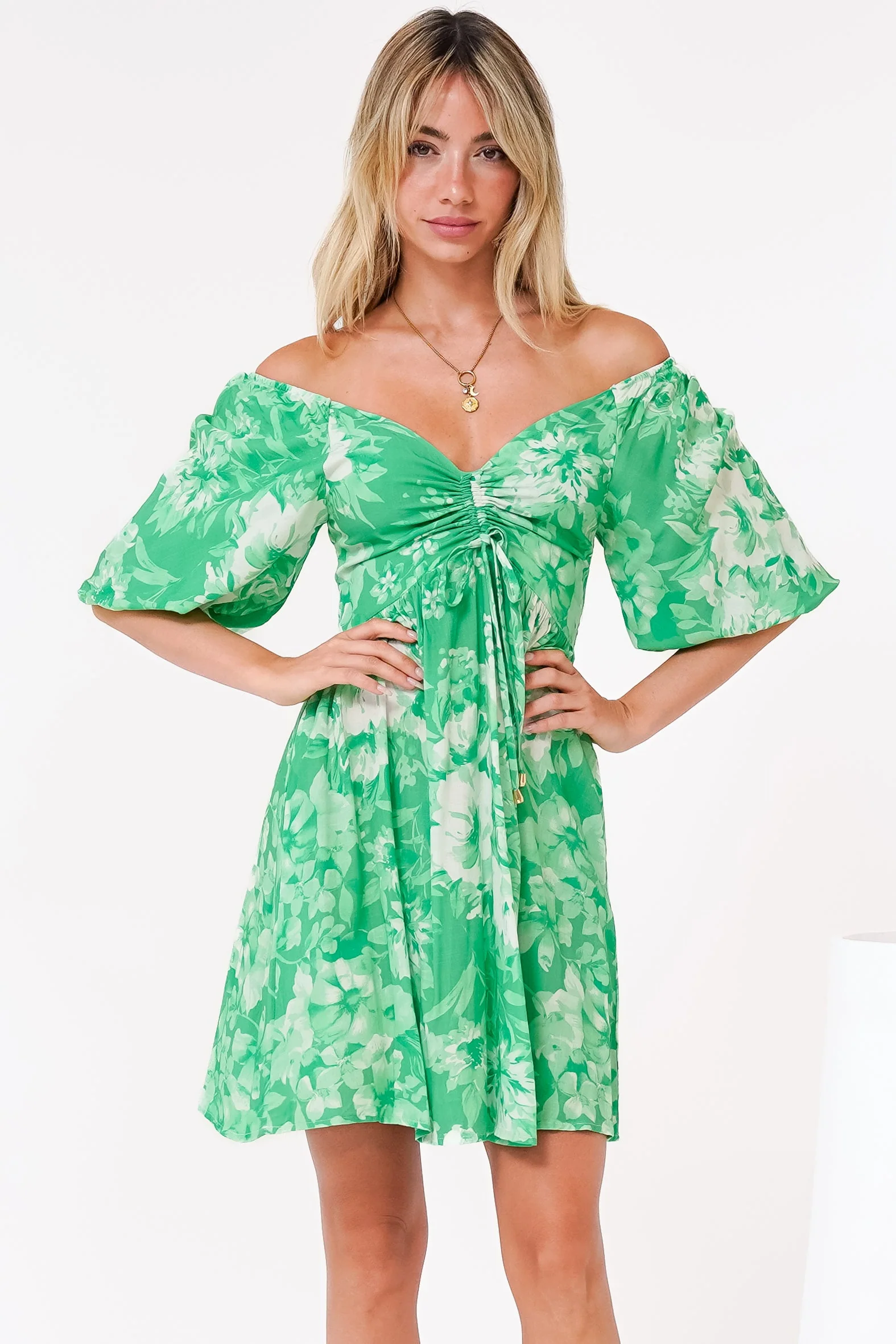 Justina Mini Dress - V-Neck Gathered Bodise On or Off Shoulder Mini Dress in Sondra Print Green - Image 4