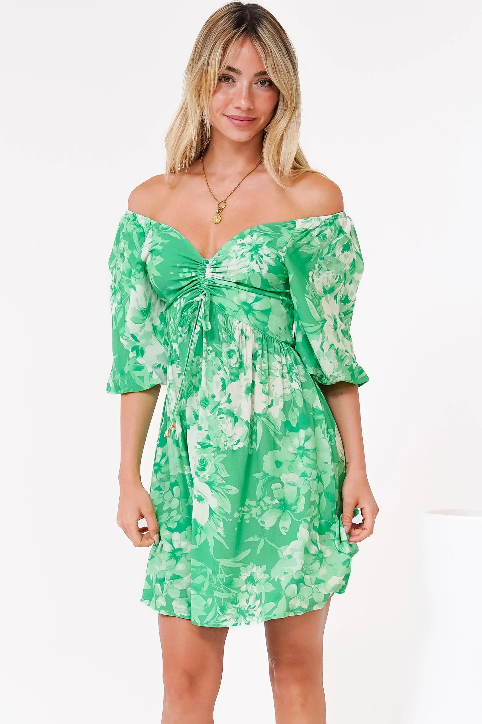 Justina Mini Dress - V-Neck Gathered Bodise On or Off Shoulder Mini Dress in Sondra Print Green - Image 5