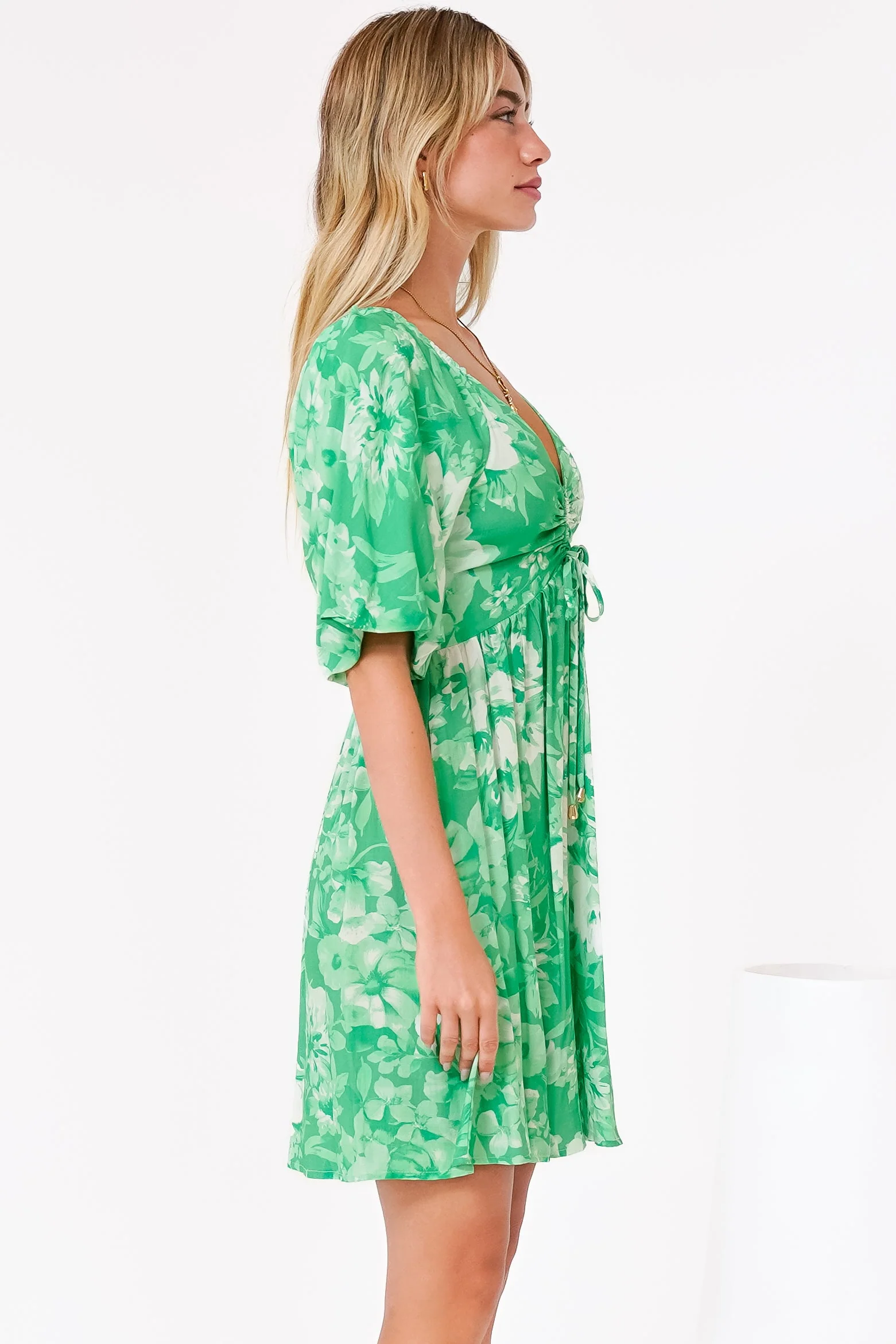 Justina Mini Dress - V-Neck Gathered Bodise On or Off Shoulder Mini Dress in Sondra Print Green - Image 8