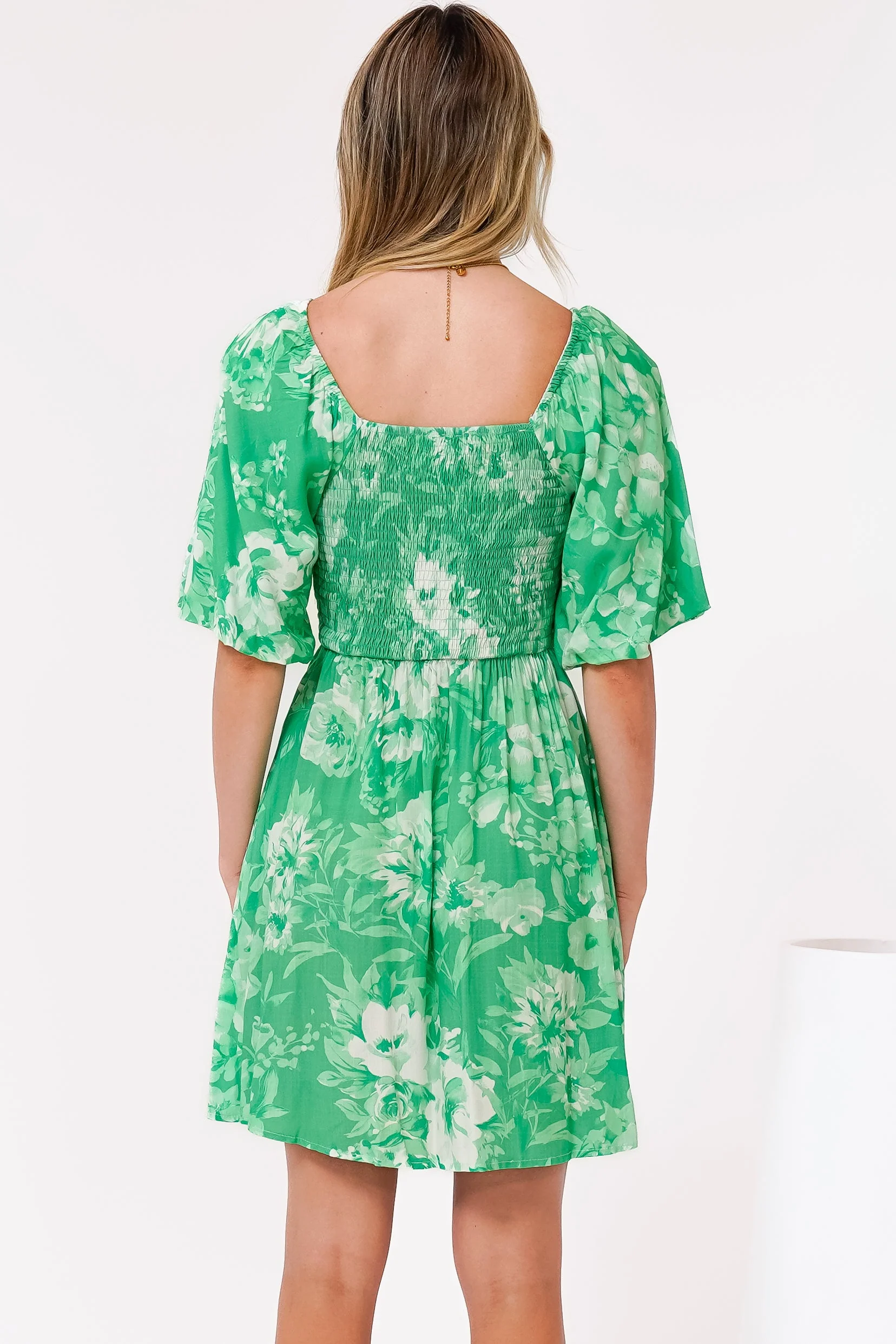 Justina Mini Dress - V-Neck Gathered Bodise On or Off Shoulder Mini Dress in Sondra Print Green - Image 9