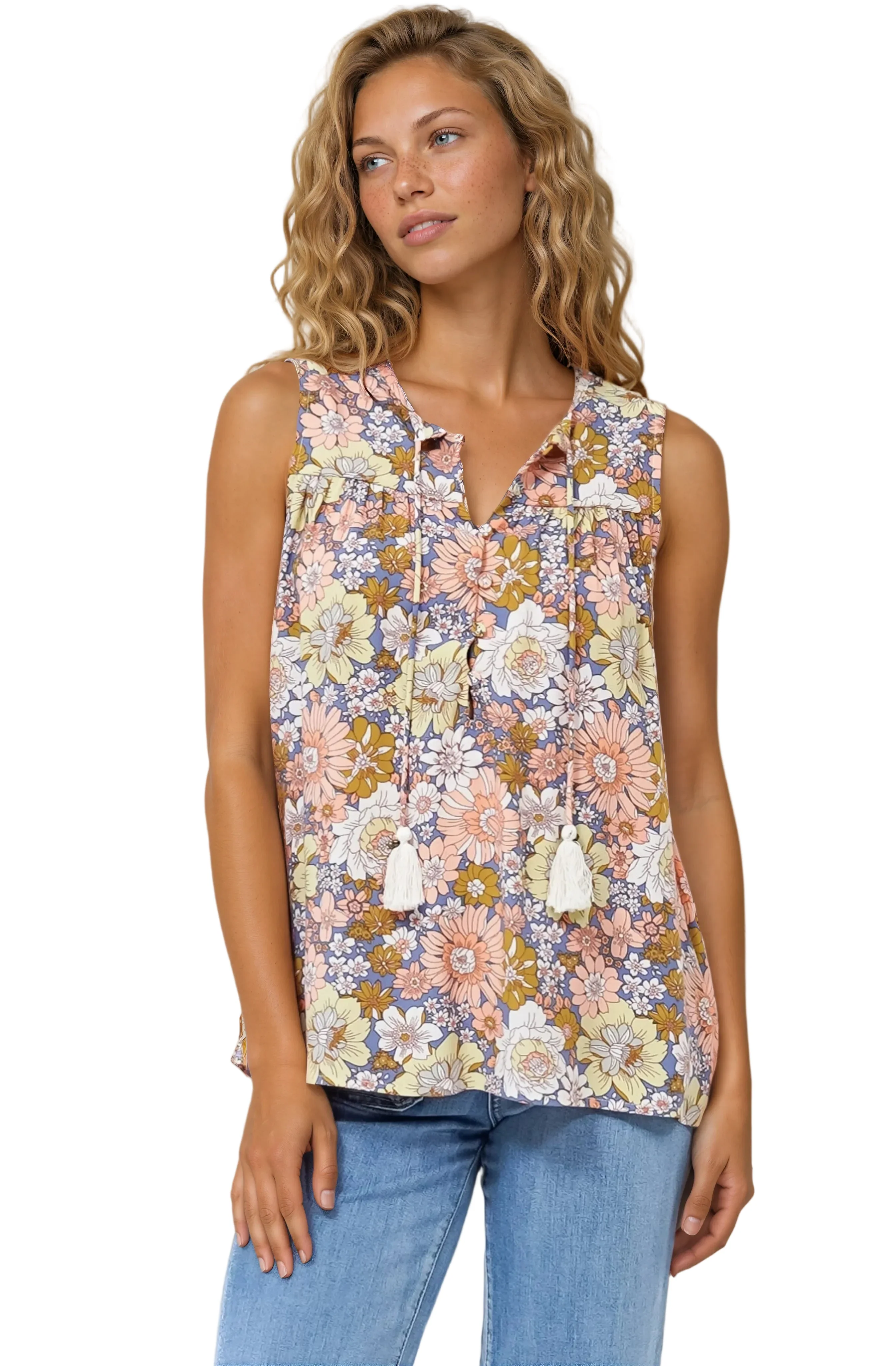 Kalari Top - Sleeveless Mandarin Collar with Tassel & Bells Neck Tie in Avianna Print - Image 4