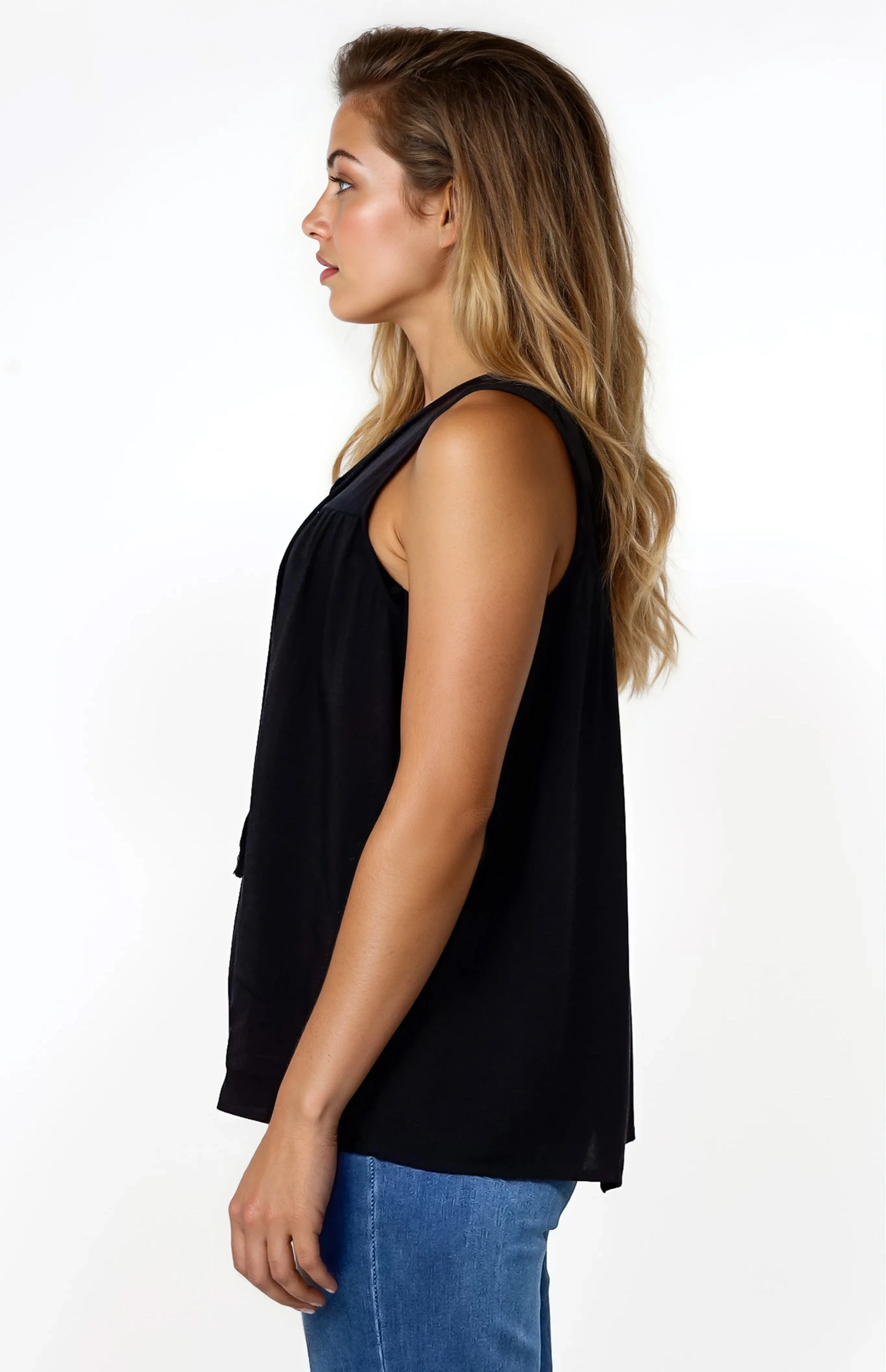 Kalari Top - Sleeveless Mandarin Collar with Tassel & Bells Neck Tie in Black - Image 10