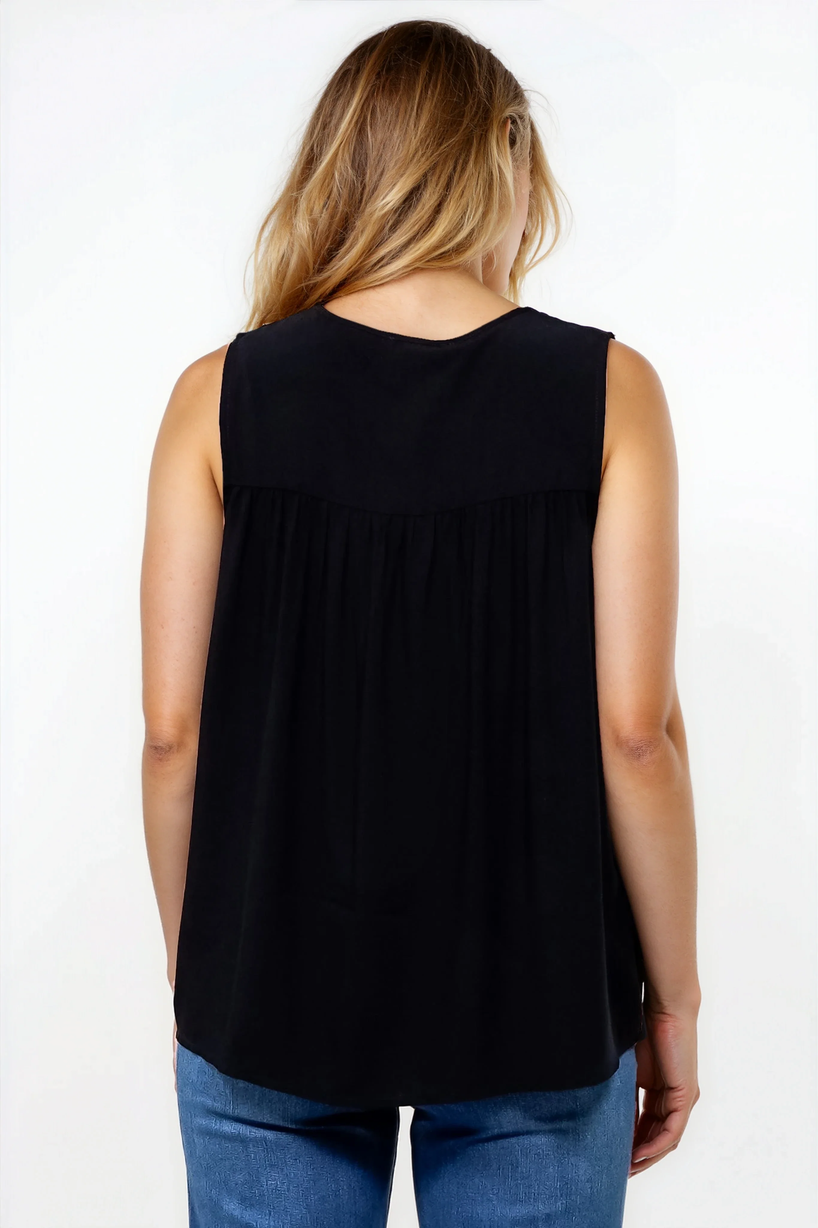 Kalari Top - Sleeveless Mandarin Collar with Tassel & Bells Neck Tie in Black - Image 11
