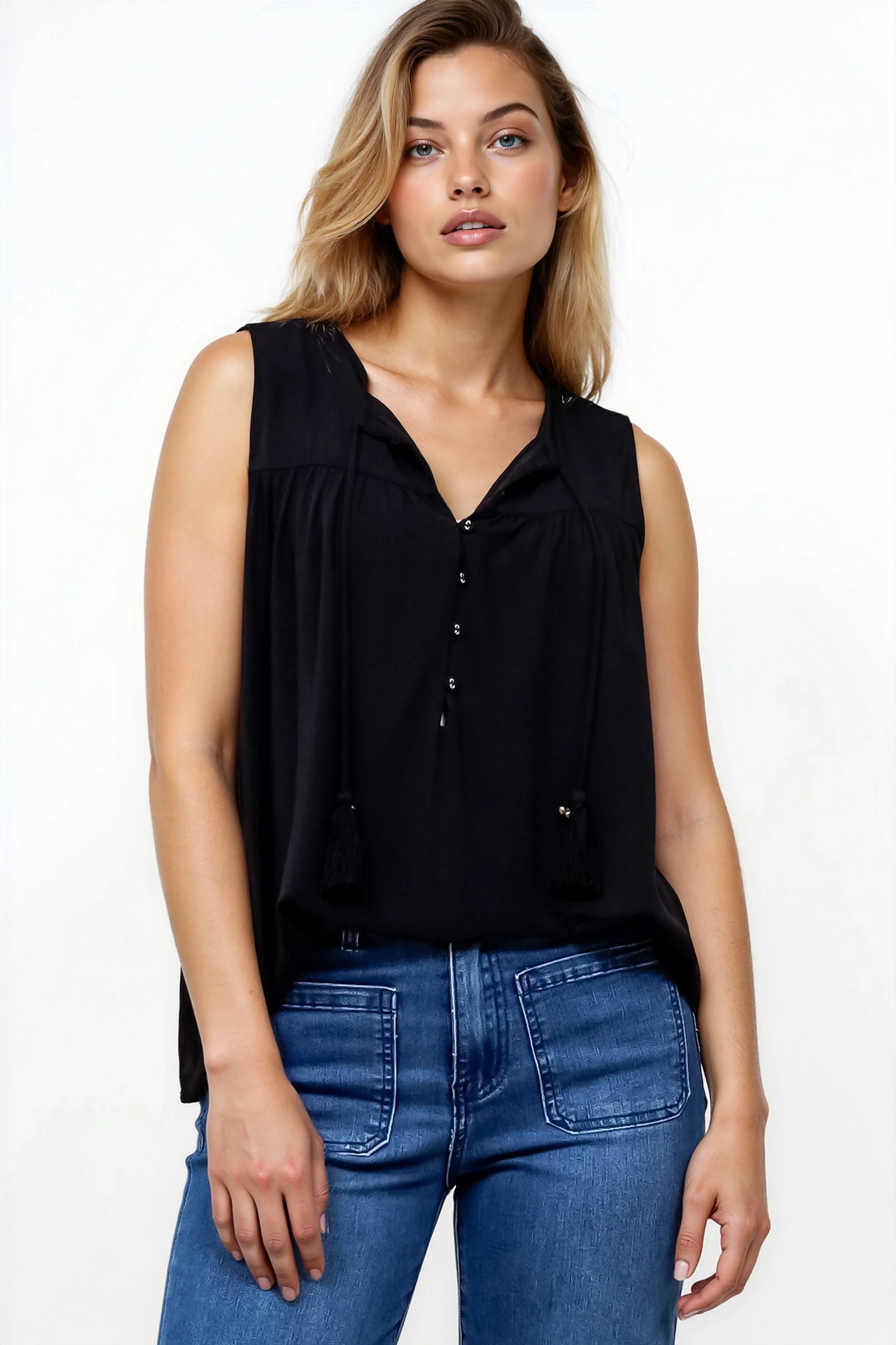 Kalari Top - Sleeveless Mandarin Collar with Tassel & Bells Neck Tie in Black - Image 3