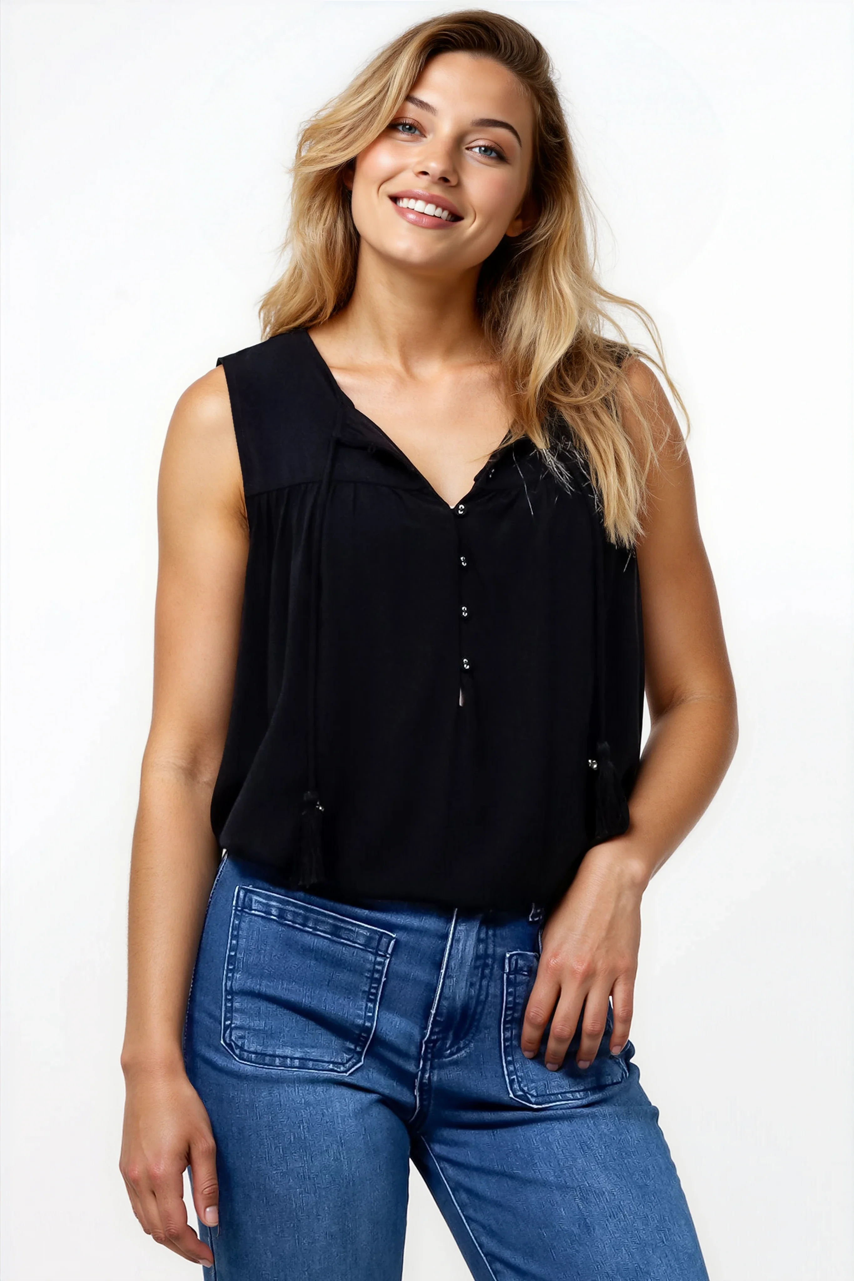 Kalari Top - Sleeveless Mandarin Collar with Tassel & Bells Neck Tie in Black - Image 9