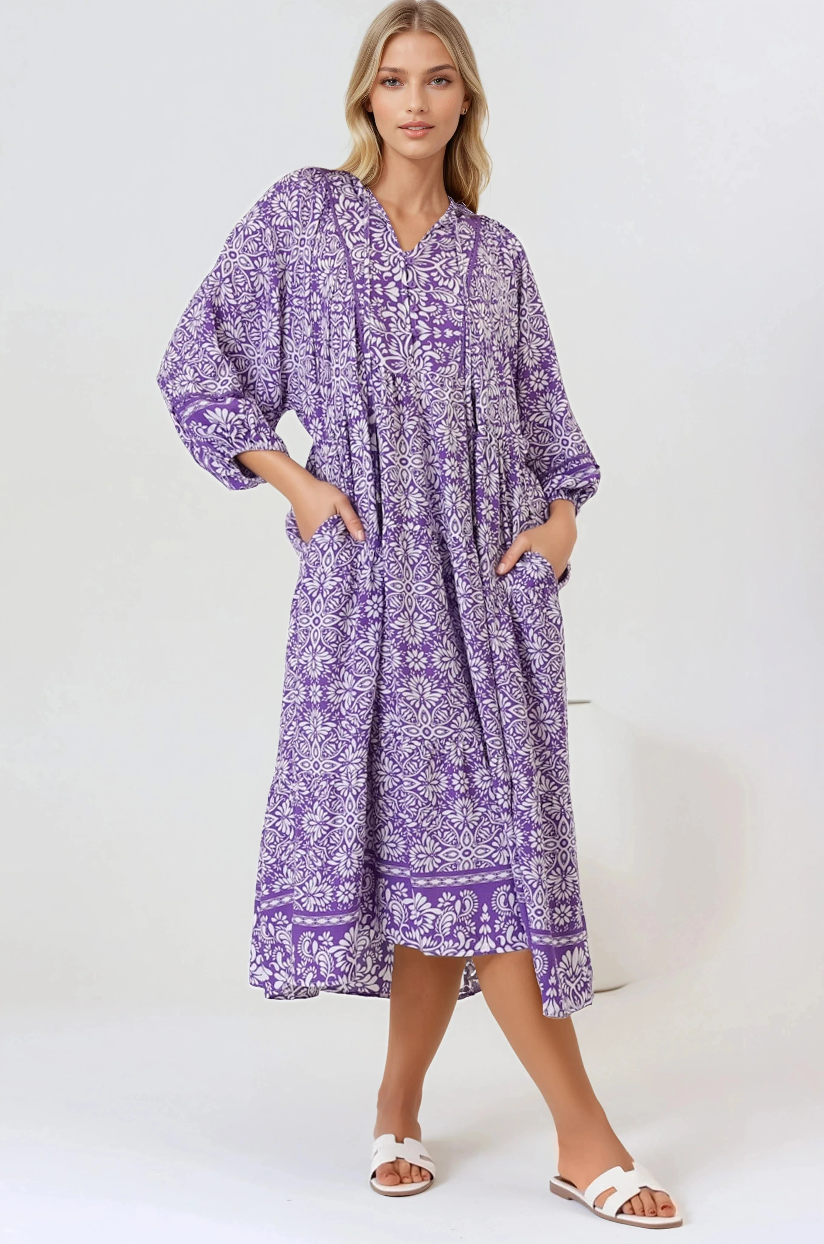 Kamali Midi Dress - Batwing Sleeve Smock Dress with Lace Detailing in Harley Print Purple - Image 3
