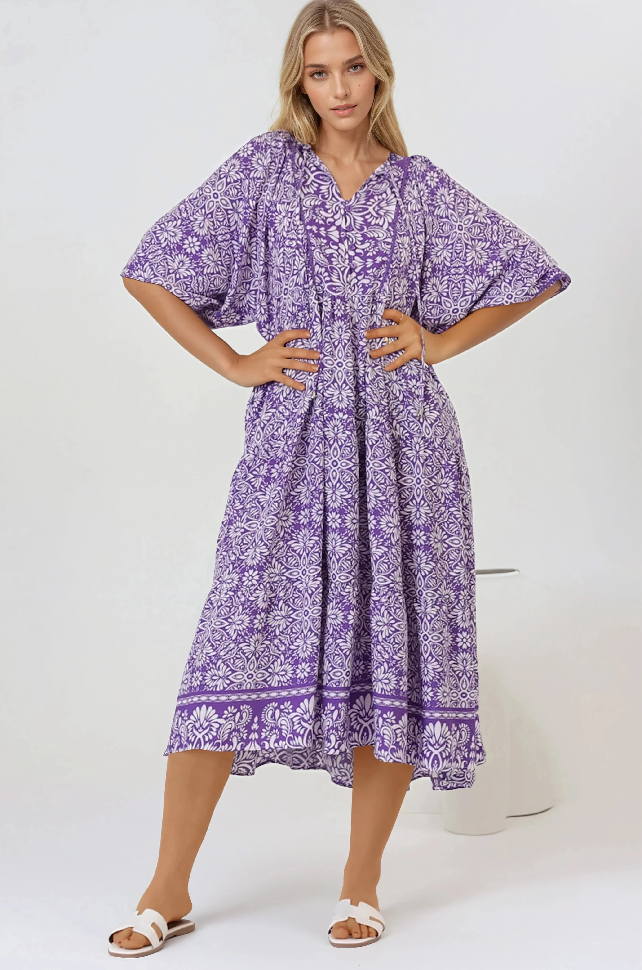 Kamali Midi Dress - Batwing Sleeve Smock Dress with Lace Detailing in Harley Print Purple - Image 4