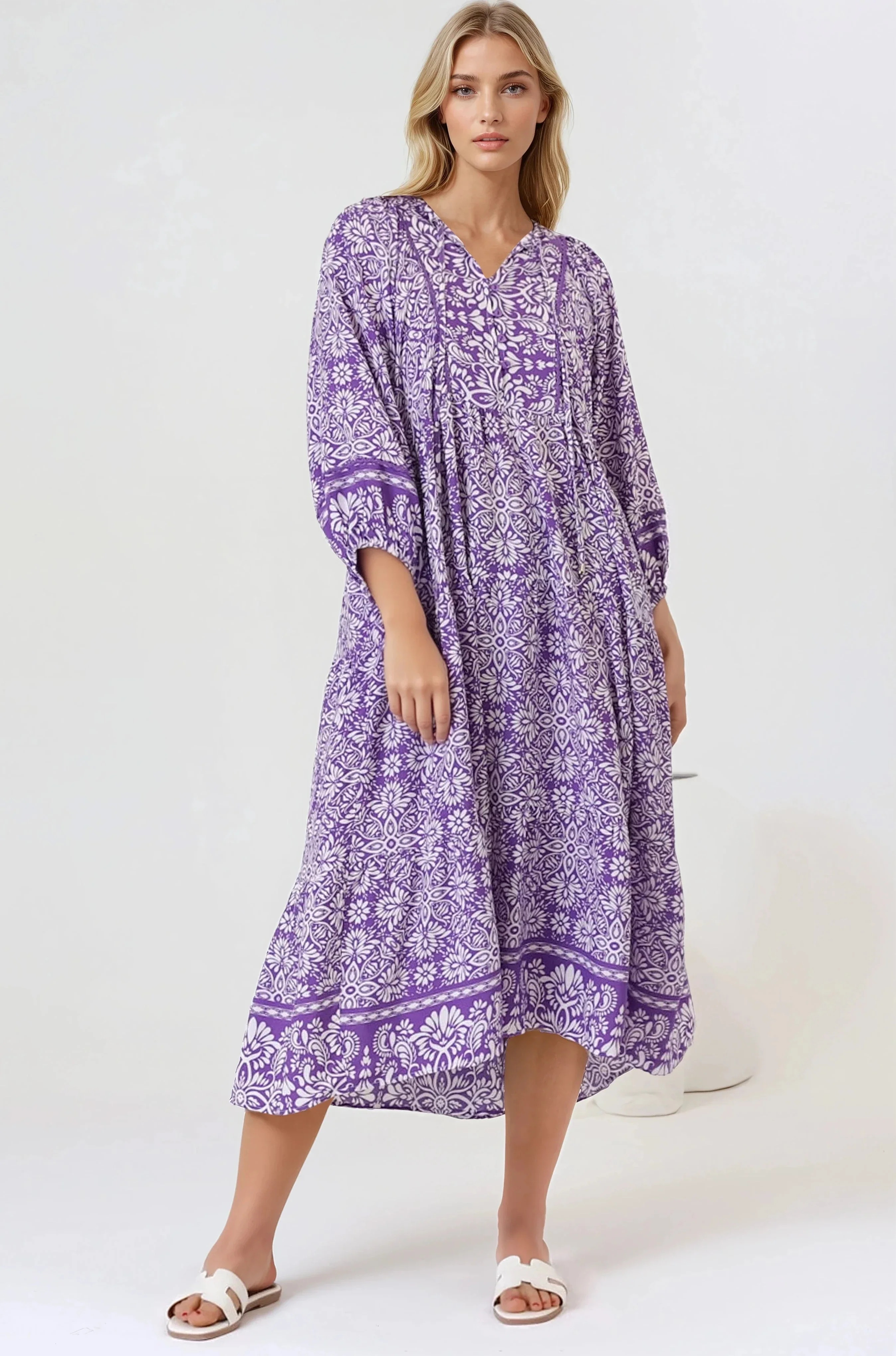 Kamali Midi Dress - Batwing Sleeve Smock Dress with Lace Detailing in Harley Print Purple - Image 5