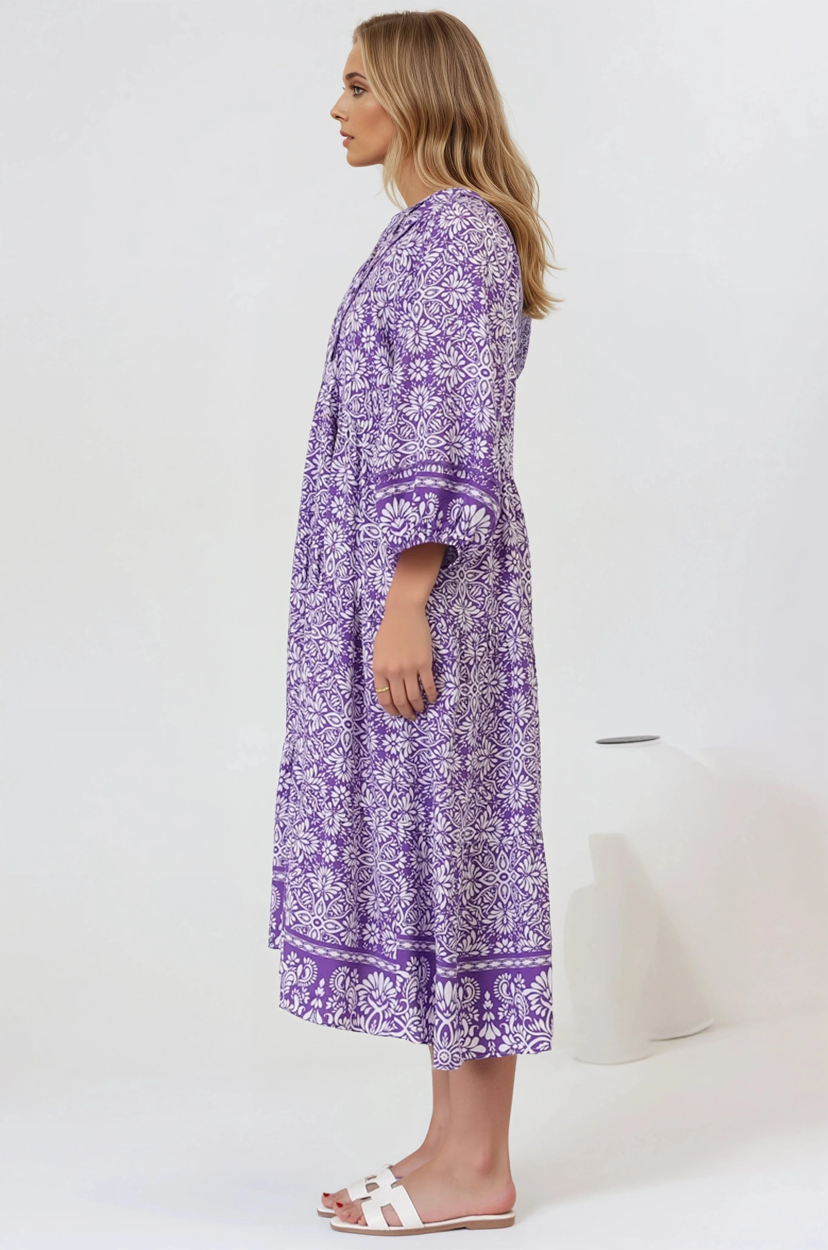 Kamali Midi Dress - Batwing Sleeve Smock Dress with Lace Detailing in Harley Print Purple - Image 6