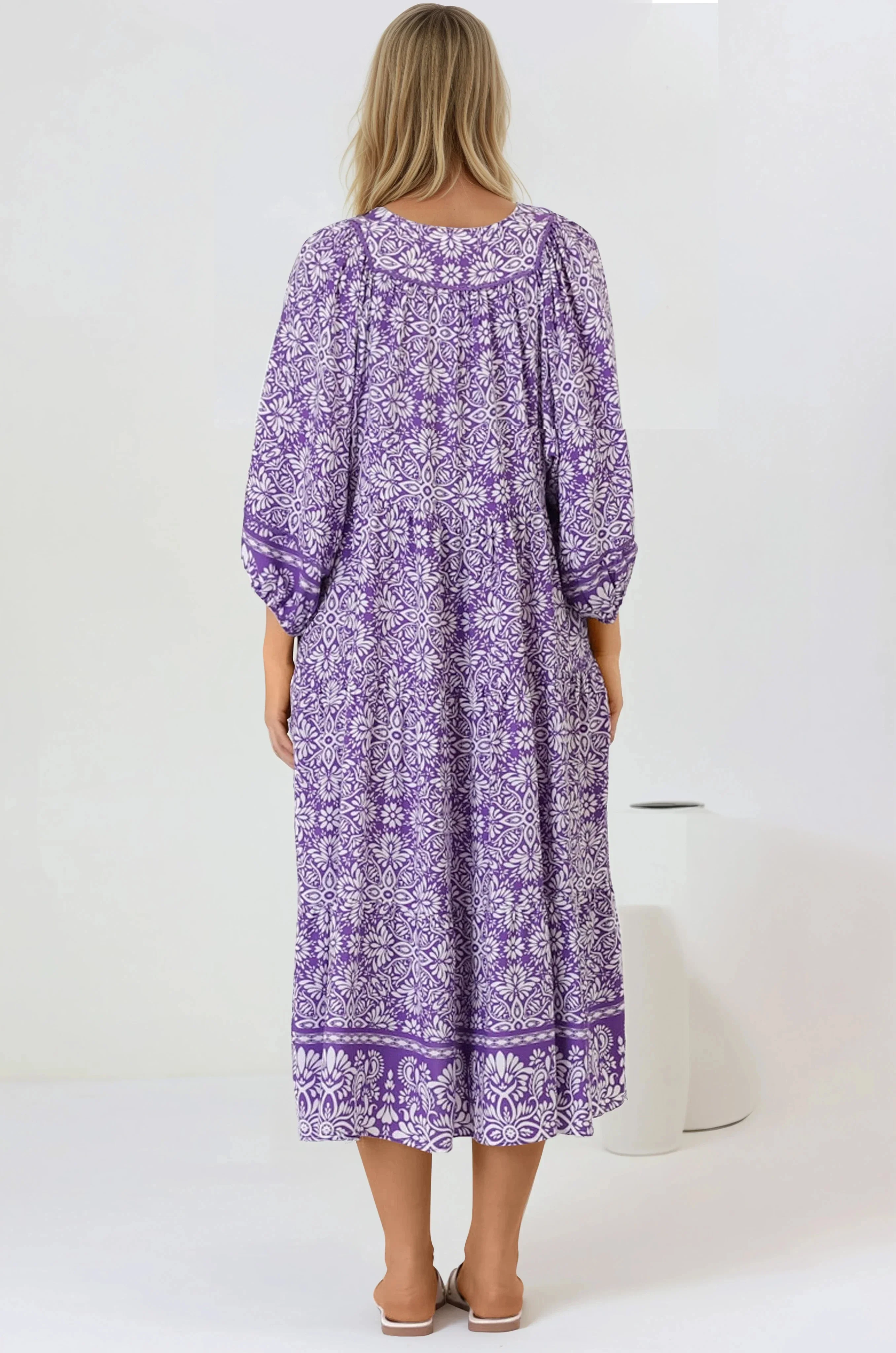 Kamali Midi Dress - Batwing Sleeve Smock Dress with Lace Detailing in Harley Print Purple - Image 7
