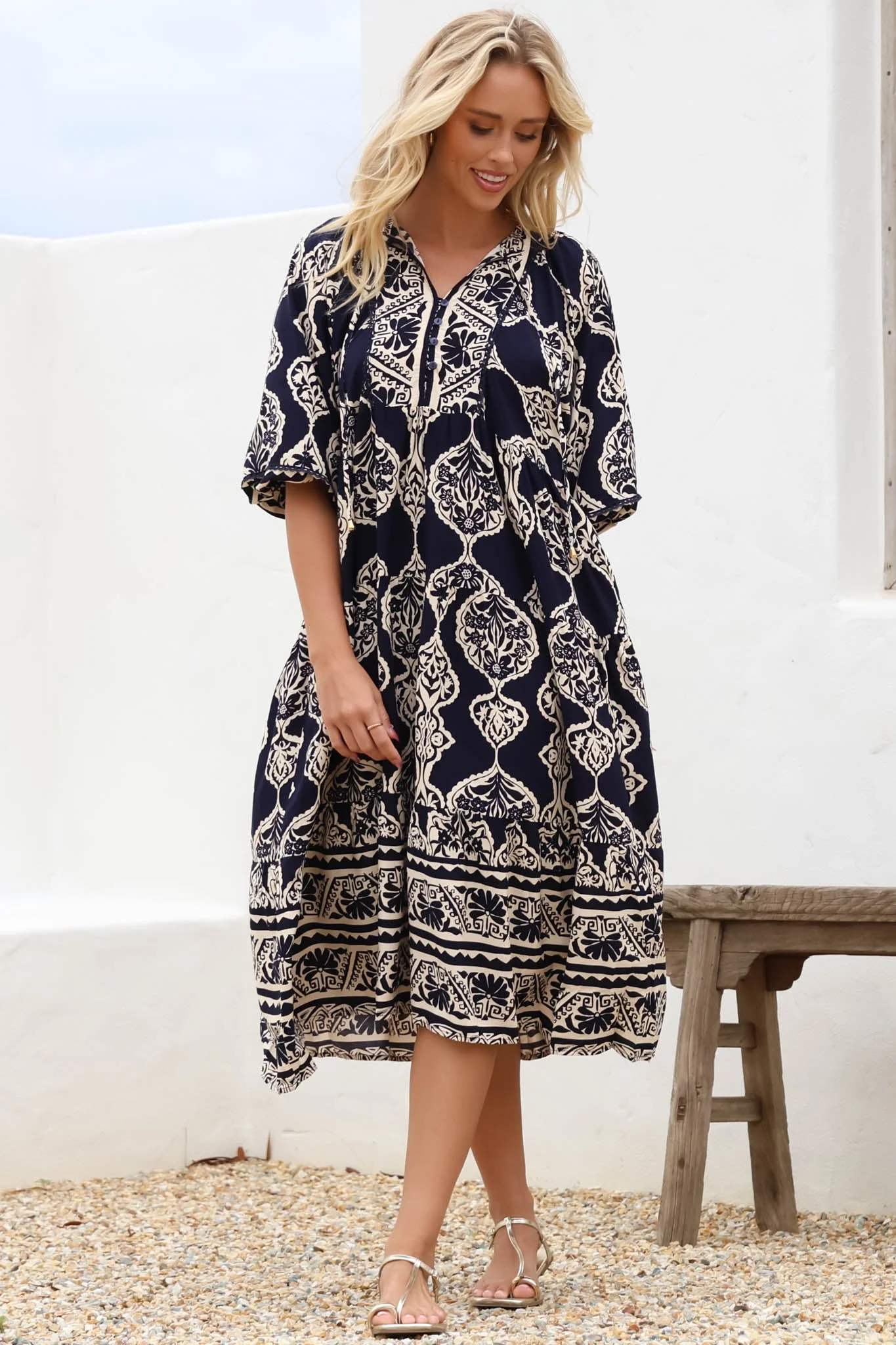 Kamali Midi Dress - Batwing Sleeve Smock Dress with Lace Detailing in Belle Print Navy - Image 10