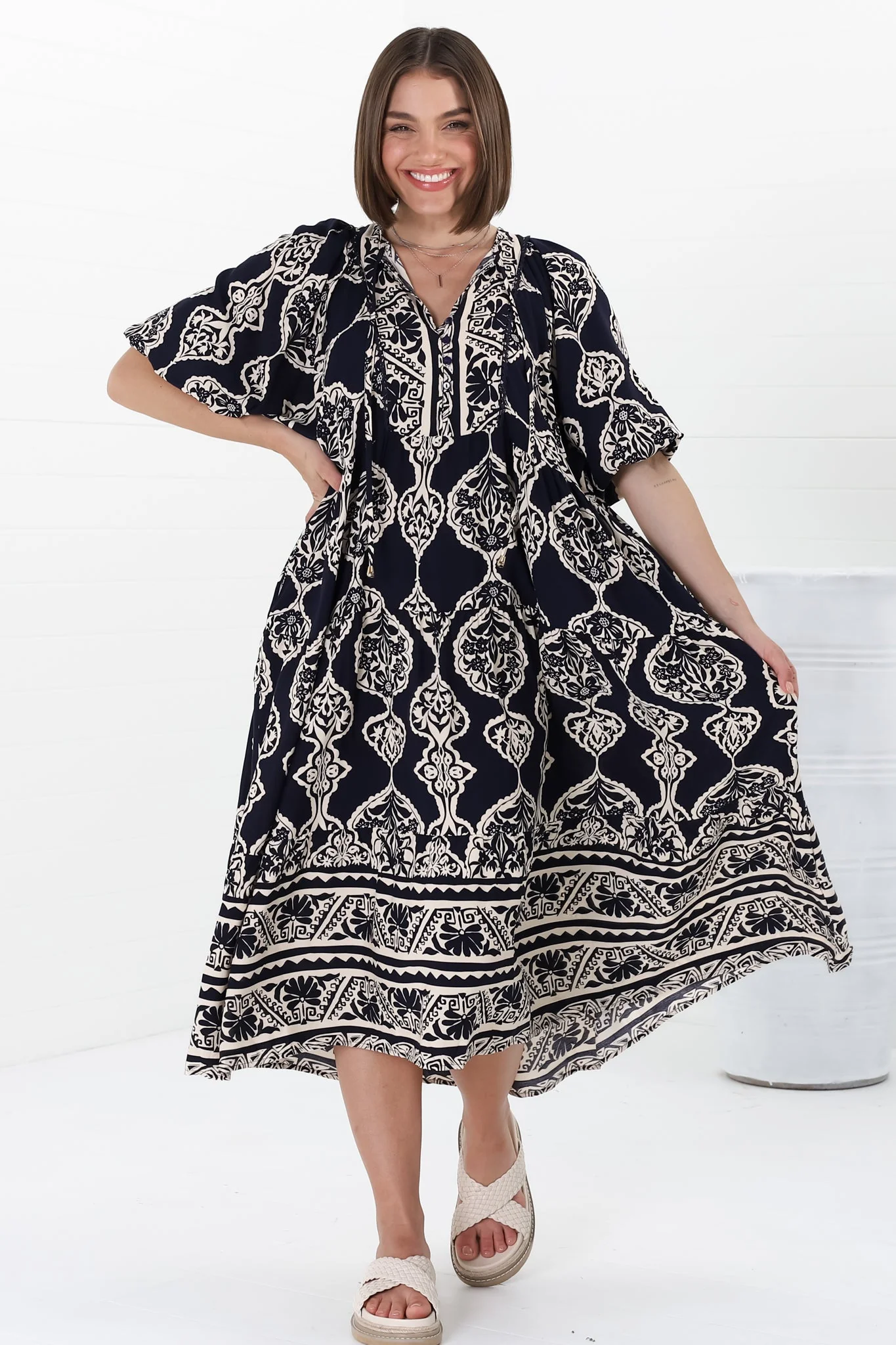 Kamali Midi Dress - Batwing Sleeve Smock Dress with Lace Detailing in Belle Print Navy - Image 11