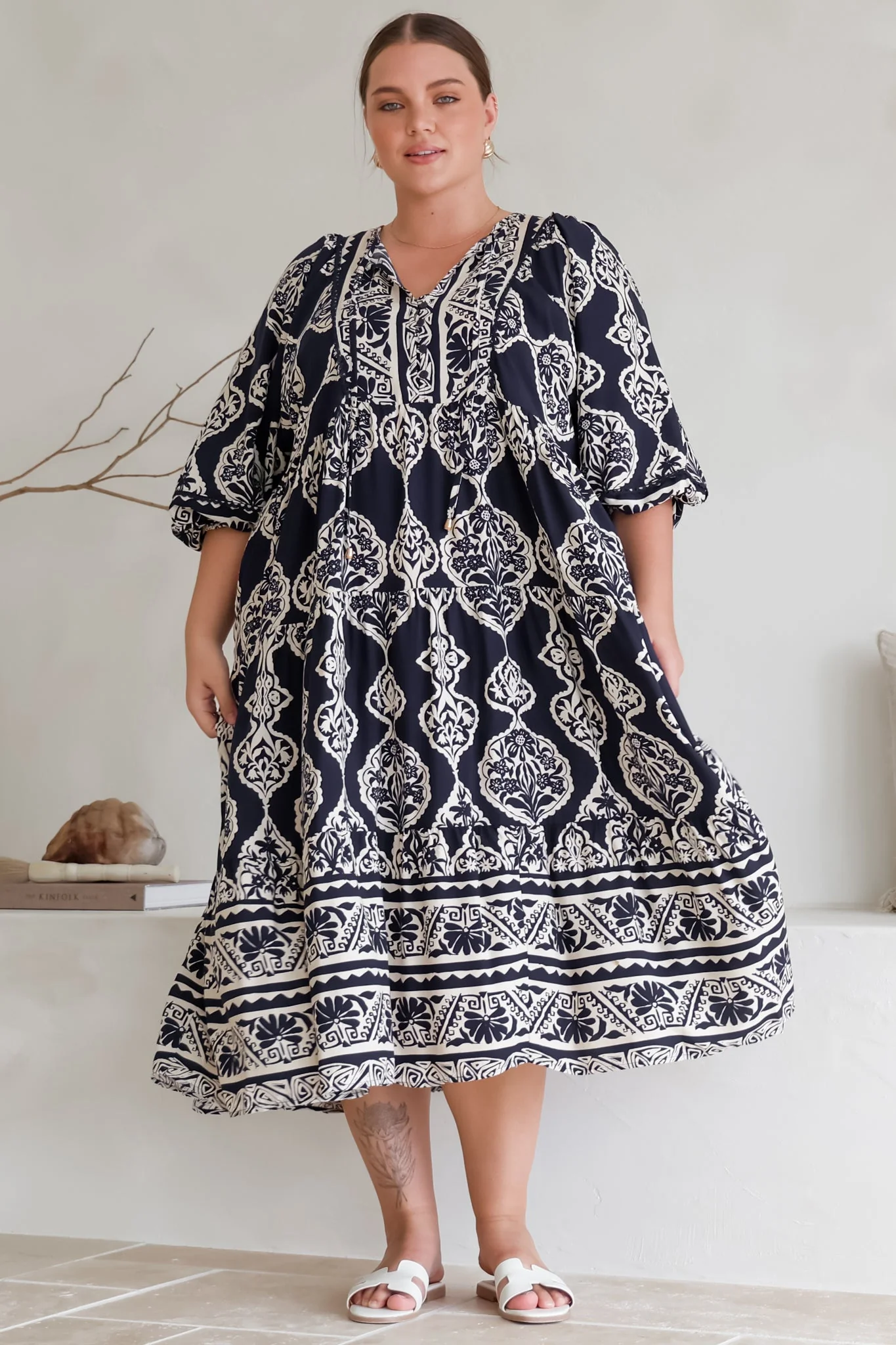 Kamali Midi Dress - Batwing Sleeve Smock Dress with Lace Detailing in Belle Print Navy - Image 13