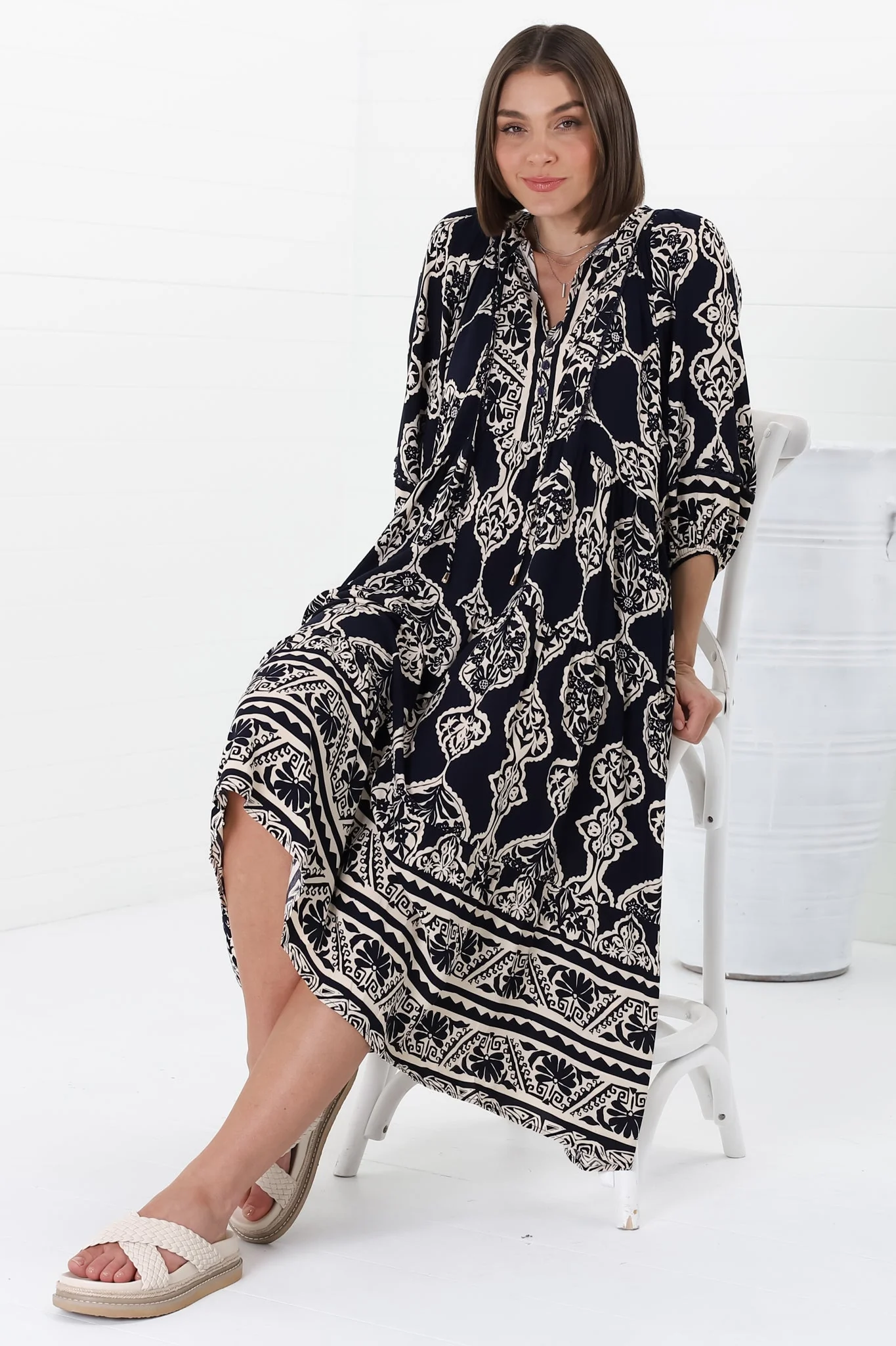 Kamali Midi Dress - Batwing Sleeve Smock Dress with Lace Detailing in Belle Print Navy - Image 14