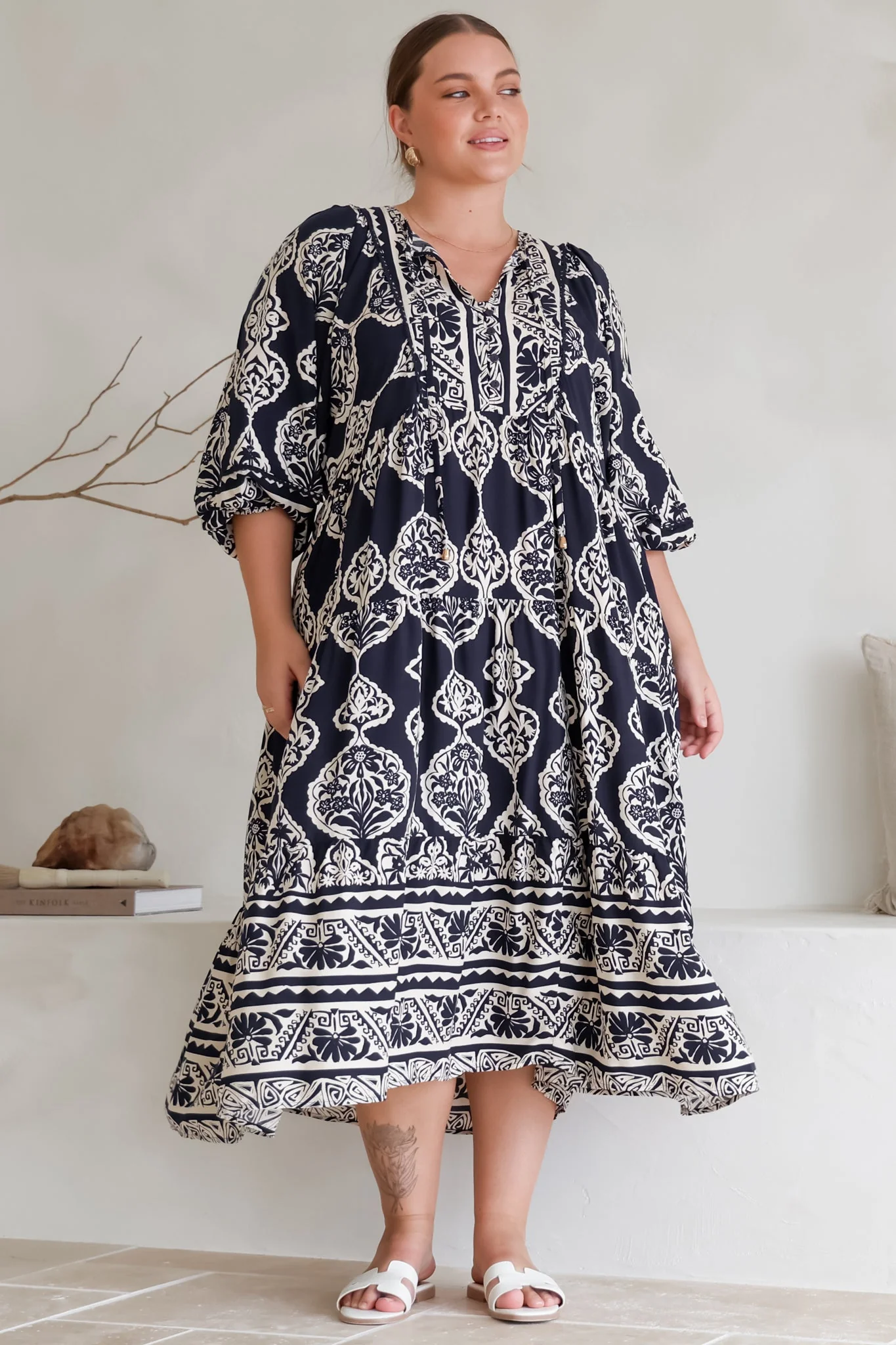 Kamali Midi Dress - Batwing Sleeve Smock Dress with Lace Detailing in Belle Print Navy - Image 15