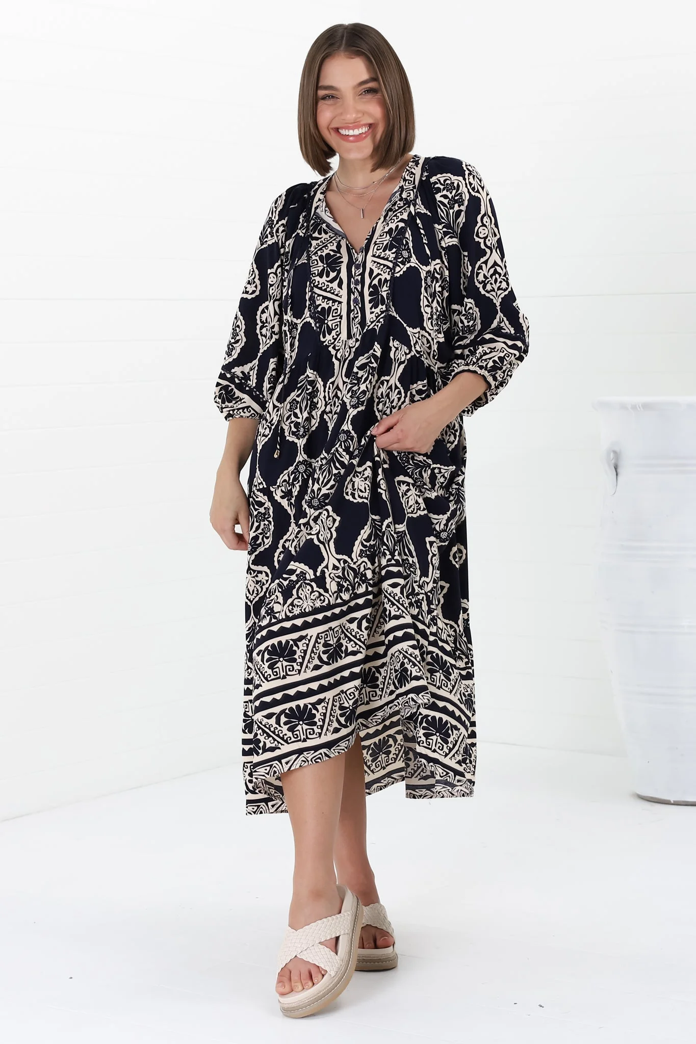 Kamali Midi Dress - Batwing Sleeve Smock Dress with Lace Detailing in Belle Print Navy - Image 16