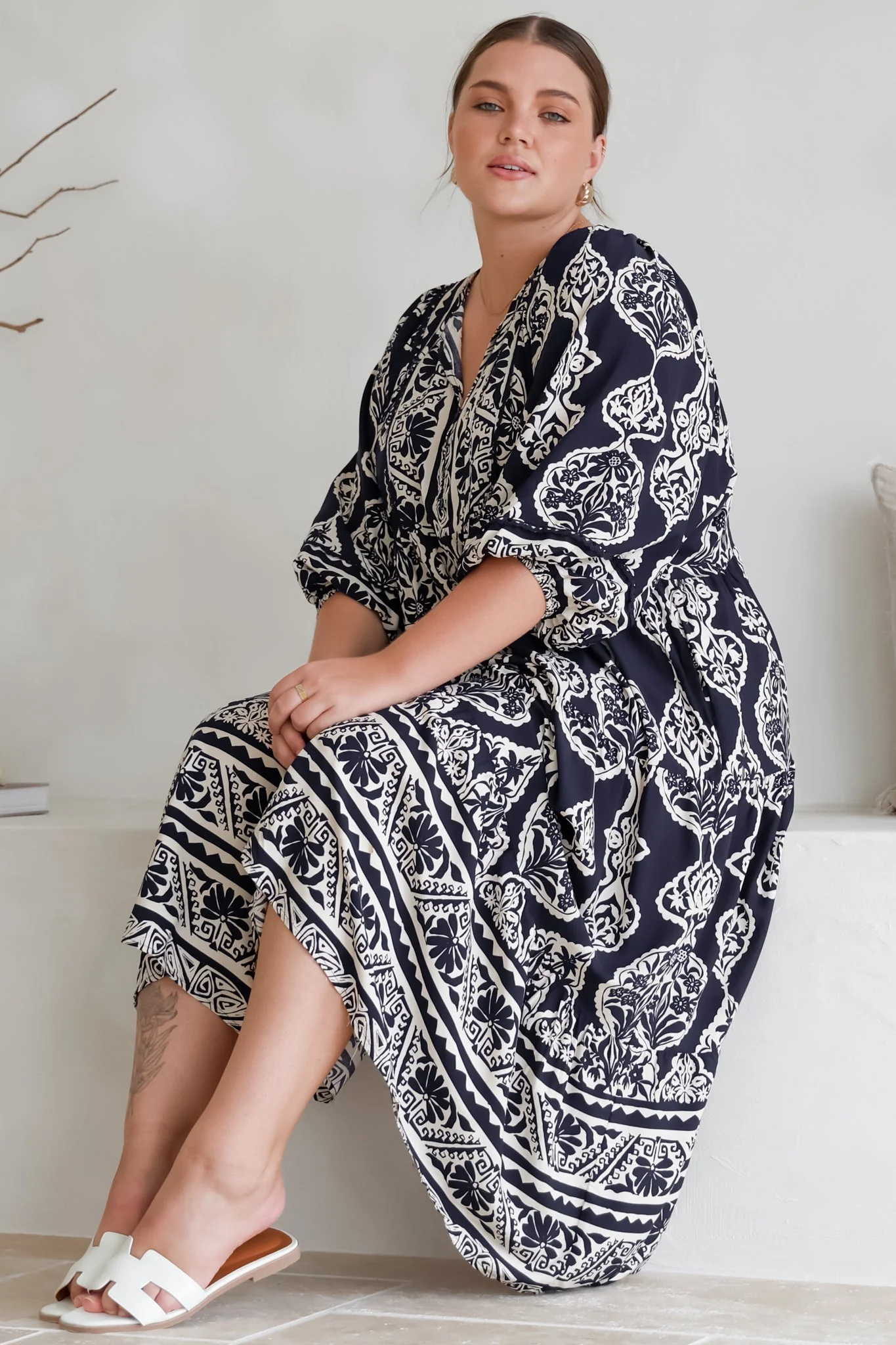 Kamali Midi Dress - Batwing Sleeve Smock Dress with Lace Detailing in Belle Print Navy - Image 17