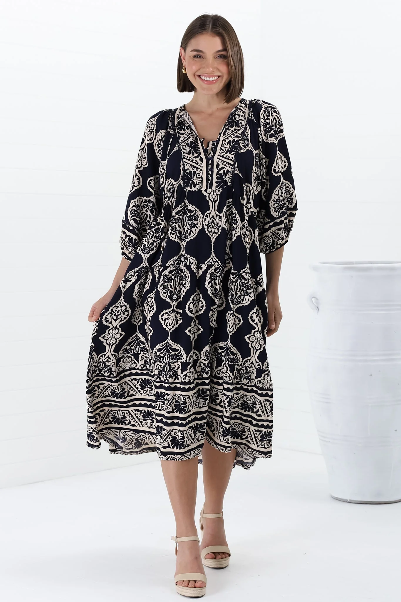 Kamali Midi Dress - Batwing Sleeve Smock Dress with Lace Detailing in Belle Print Navy - Image 18