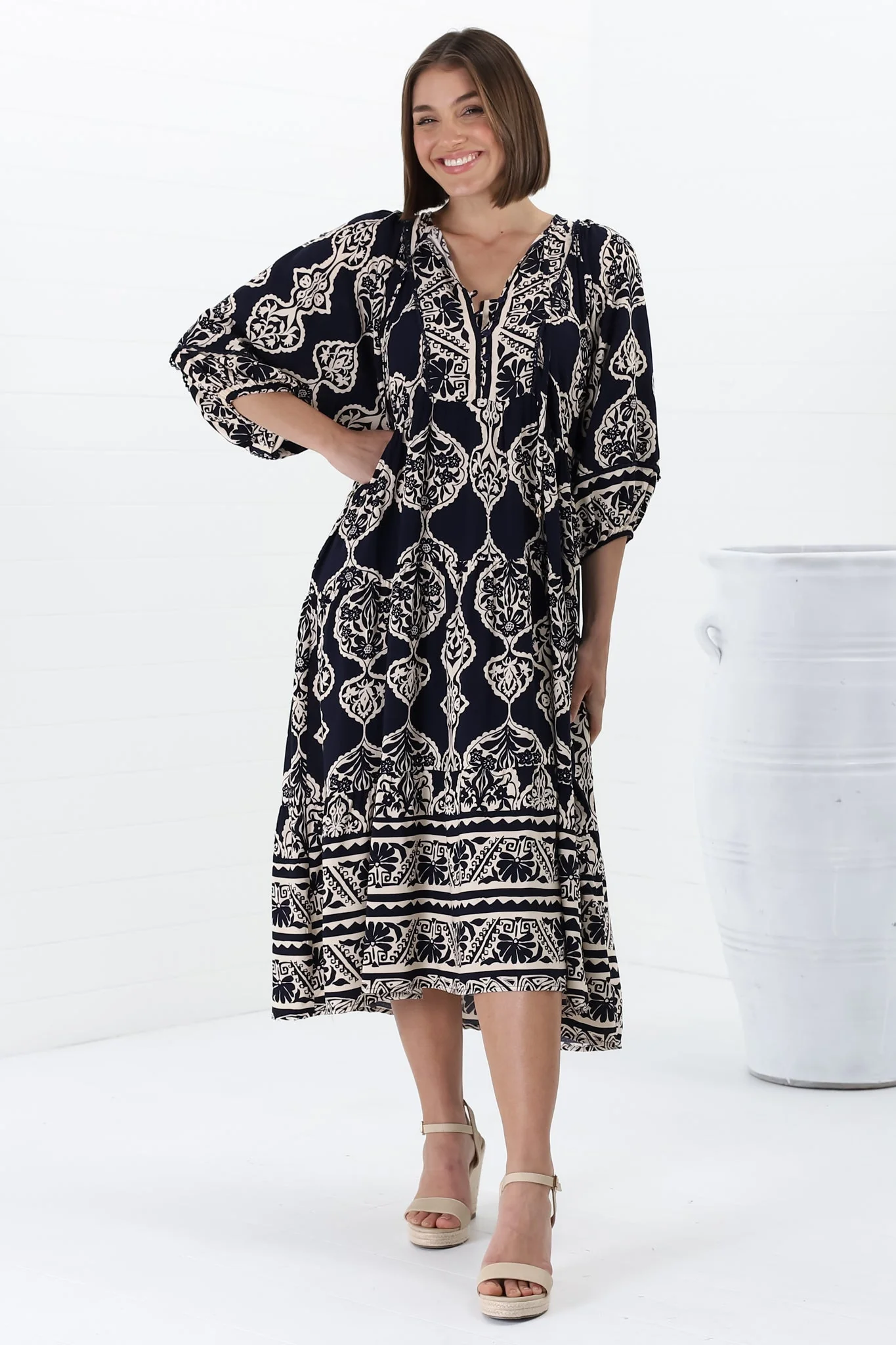 Kamali Midi Dress - Batwing Sleeve Smock Dress with Lace Detailing in Belle Print Navy - Image 19