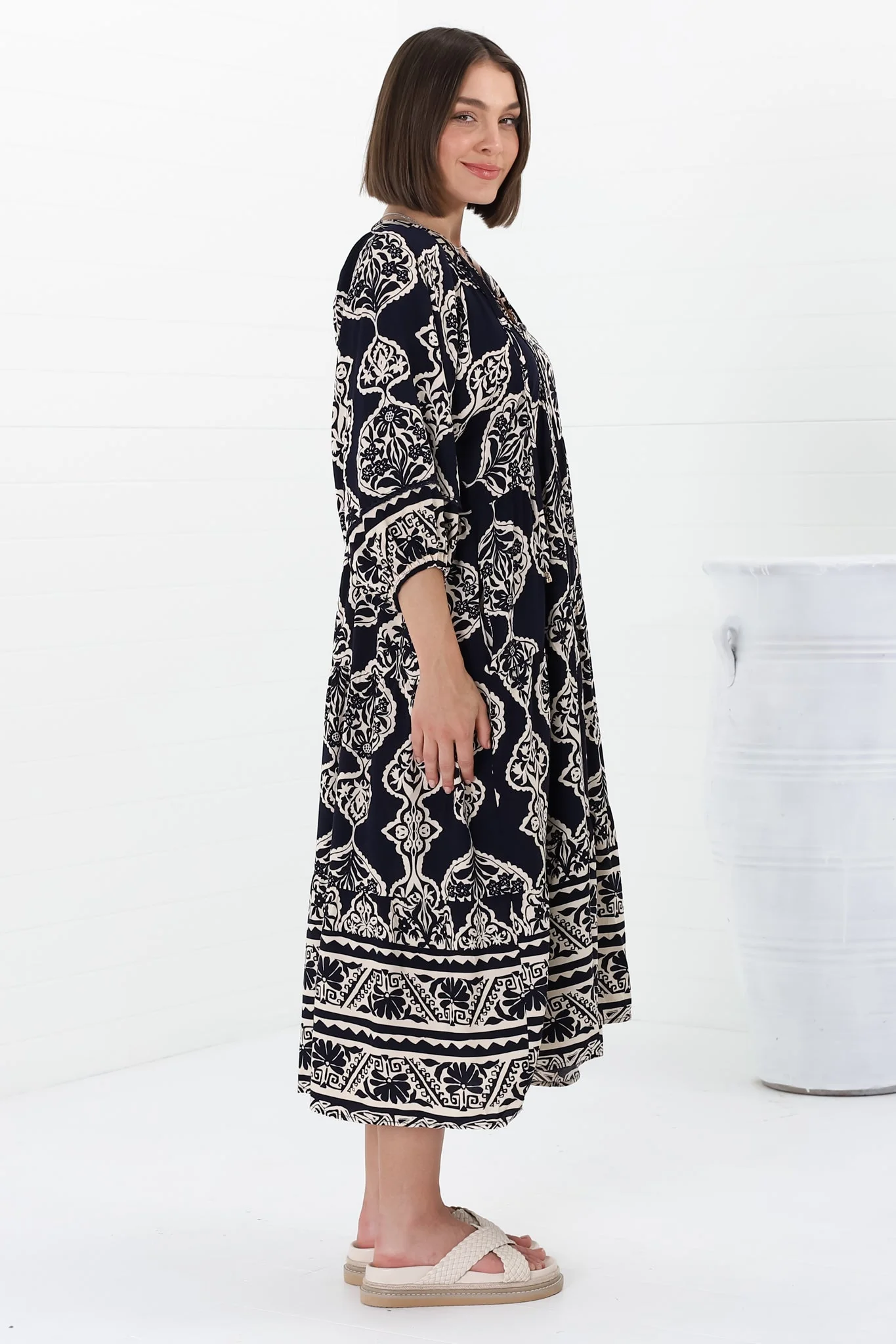 Kamali Midi Dress - Batwing Sleeve Smock Dress with Lace Detailing in Belle Print Navy - Image 20