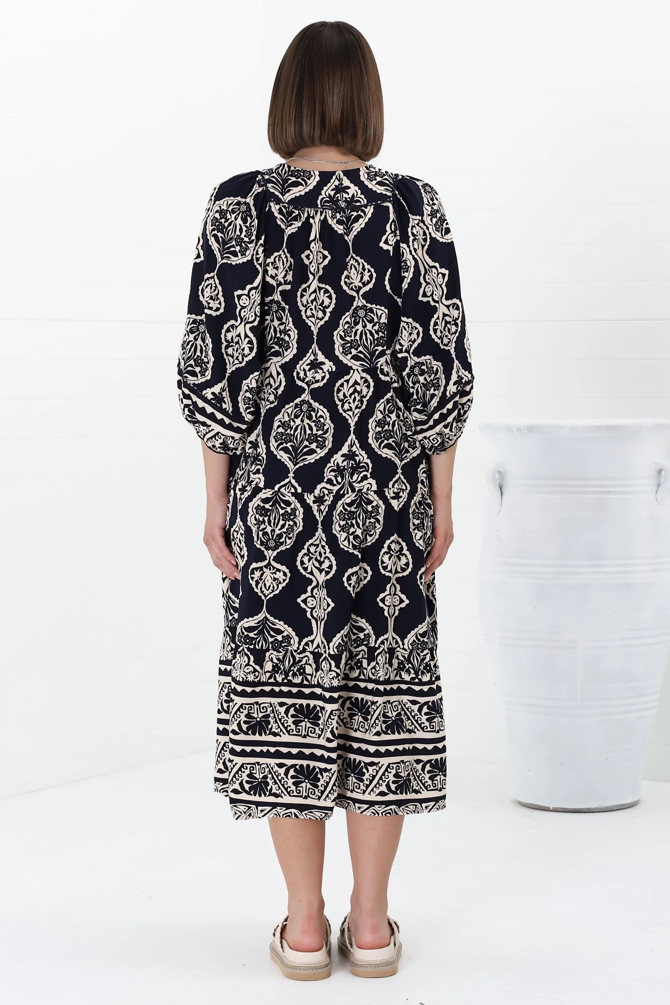 Kamali Midi Dress - Batwing Sleeve Smock Dress with Lace Detailing in Belle Print Navy - Image 21