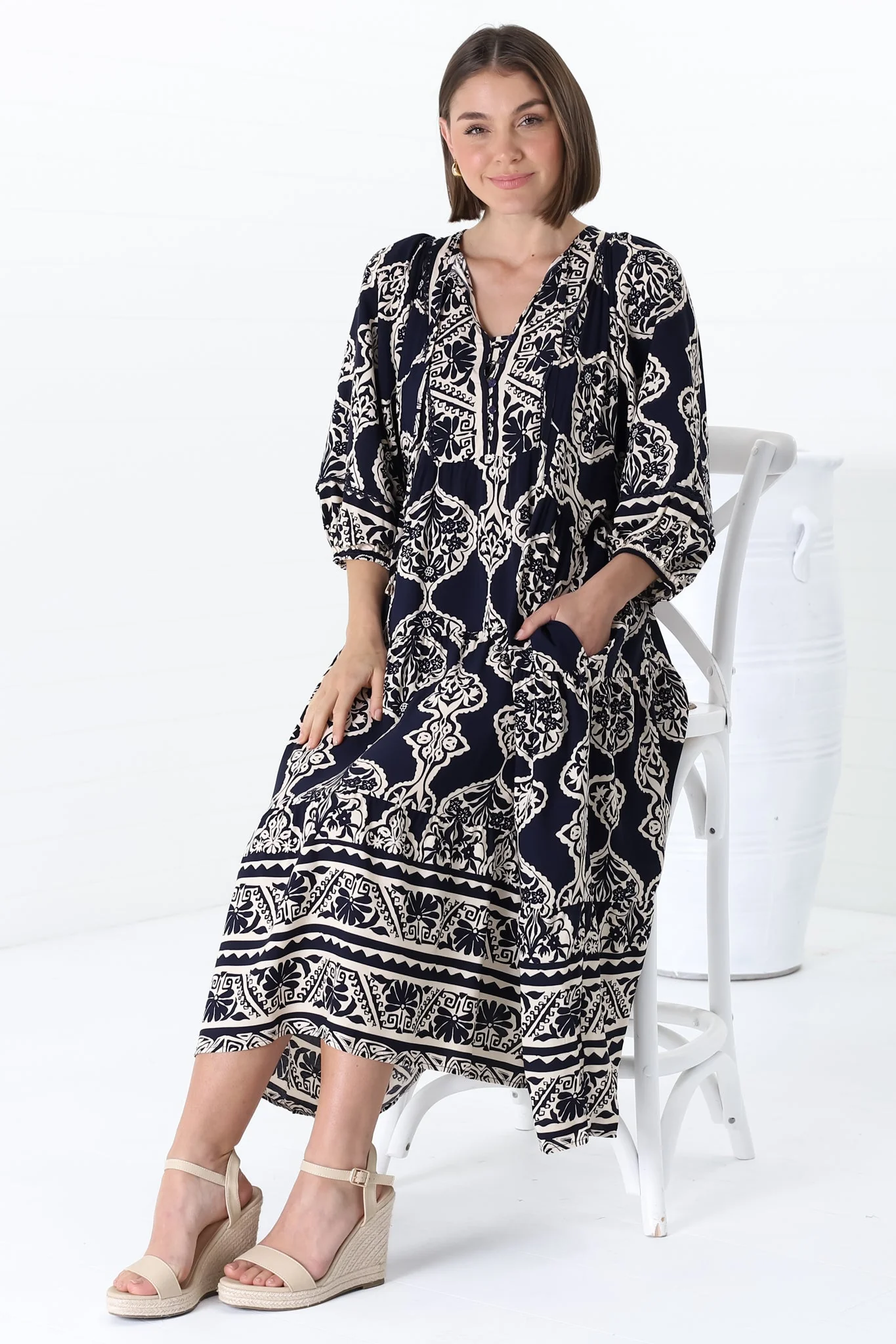 Kamali Midi Dress - Batwing Sleeve Smock Dress with Lace Detailing in Belle Print Navy - Image 22