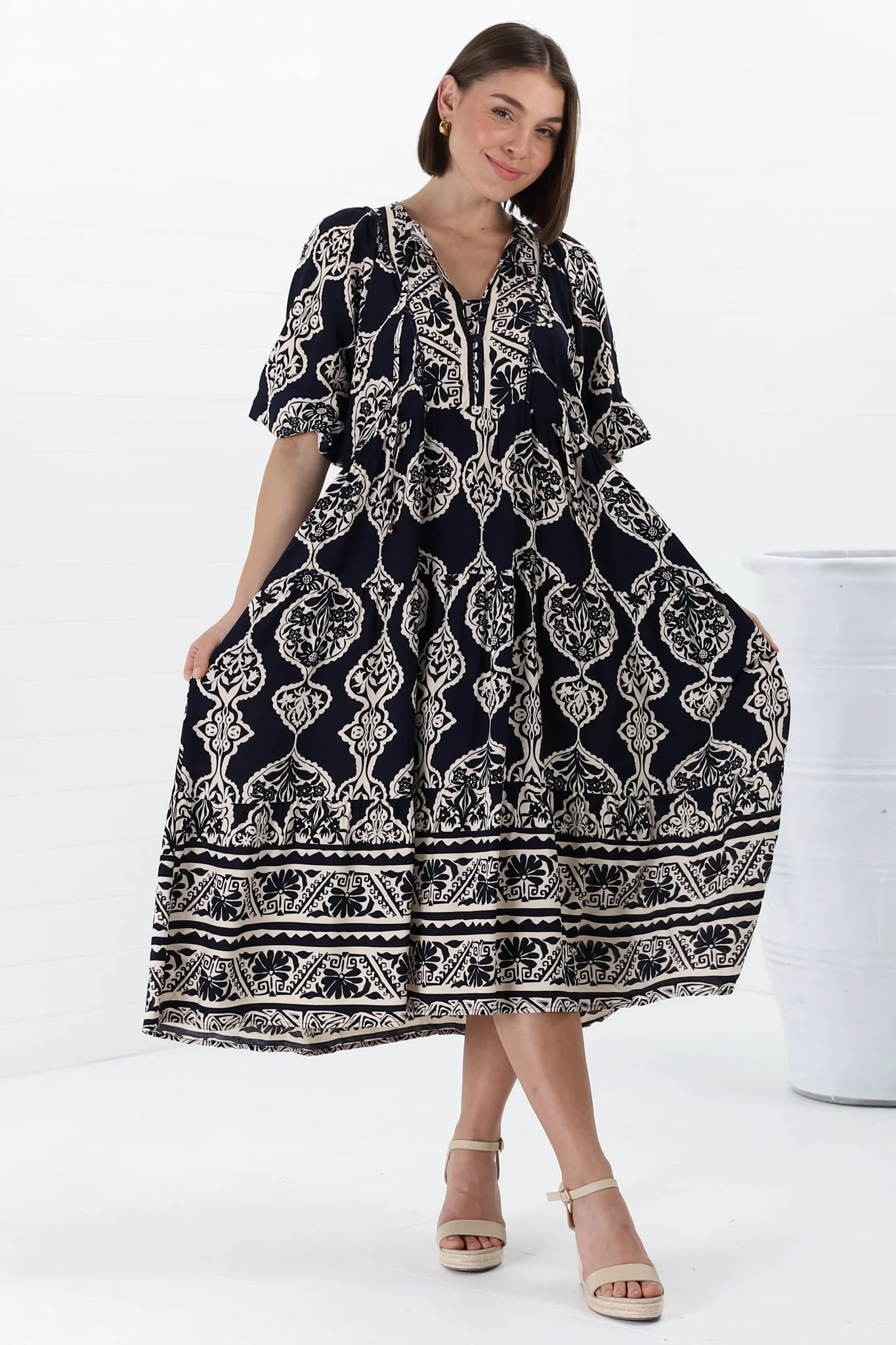 Kamali Midi Dress - Batwing Sleeve Smock Dress with Lace Detailing in Belle Print Navy - Image 23