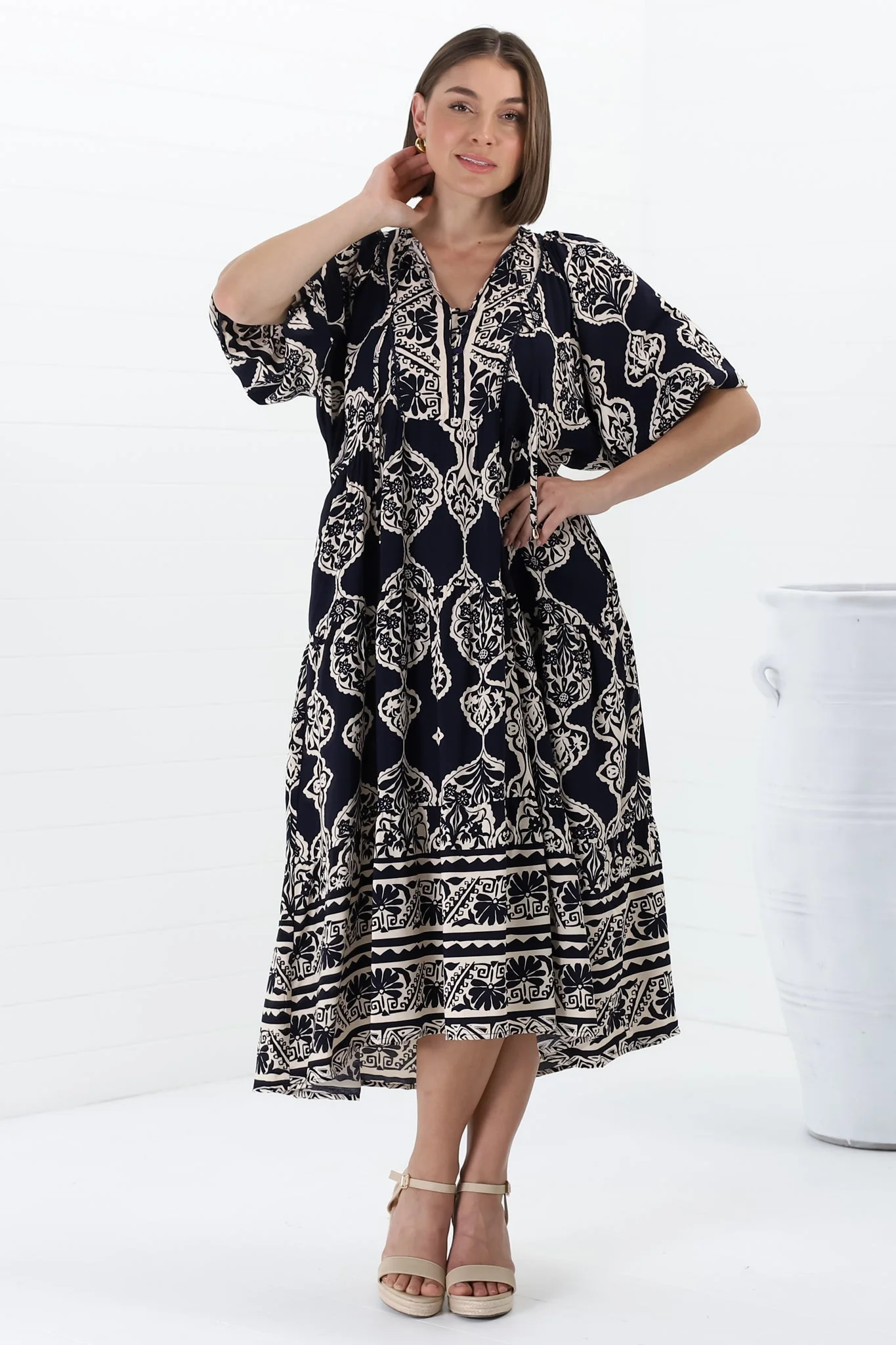 Kamali Midi Dress - Batwing Sleeve Smock Dress with Lace Detailing in Belle Print Navy - Image 24