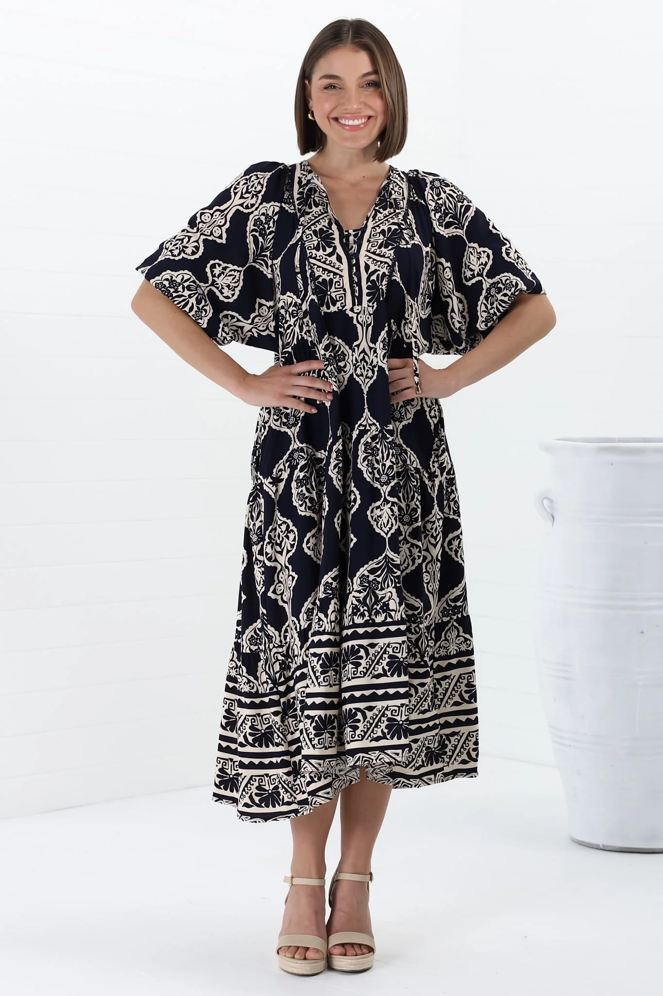 Kamali Midi Dress - Batwing Sleeve Smock Dress with Lace Detailing in Belle Print Navy - Image 25