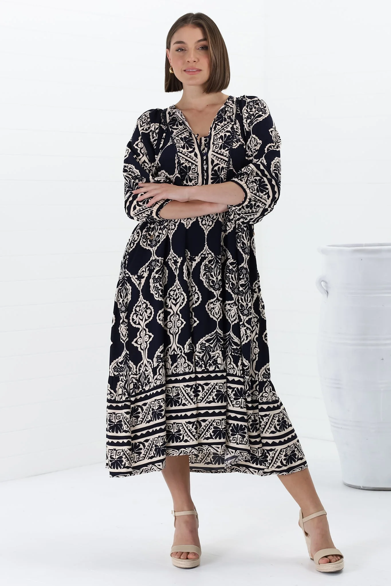 Kamali Midi Dress - Batwing Sleeve Smock Dress with Lace Detailing in Belle Print Navy - Image 26