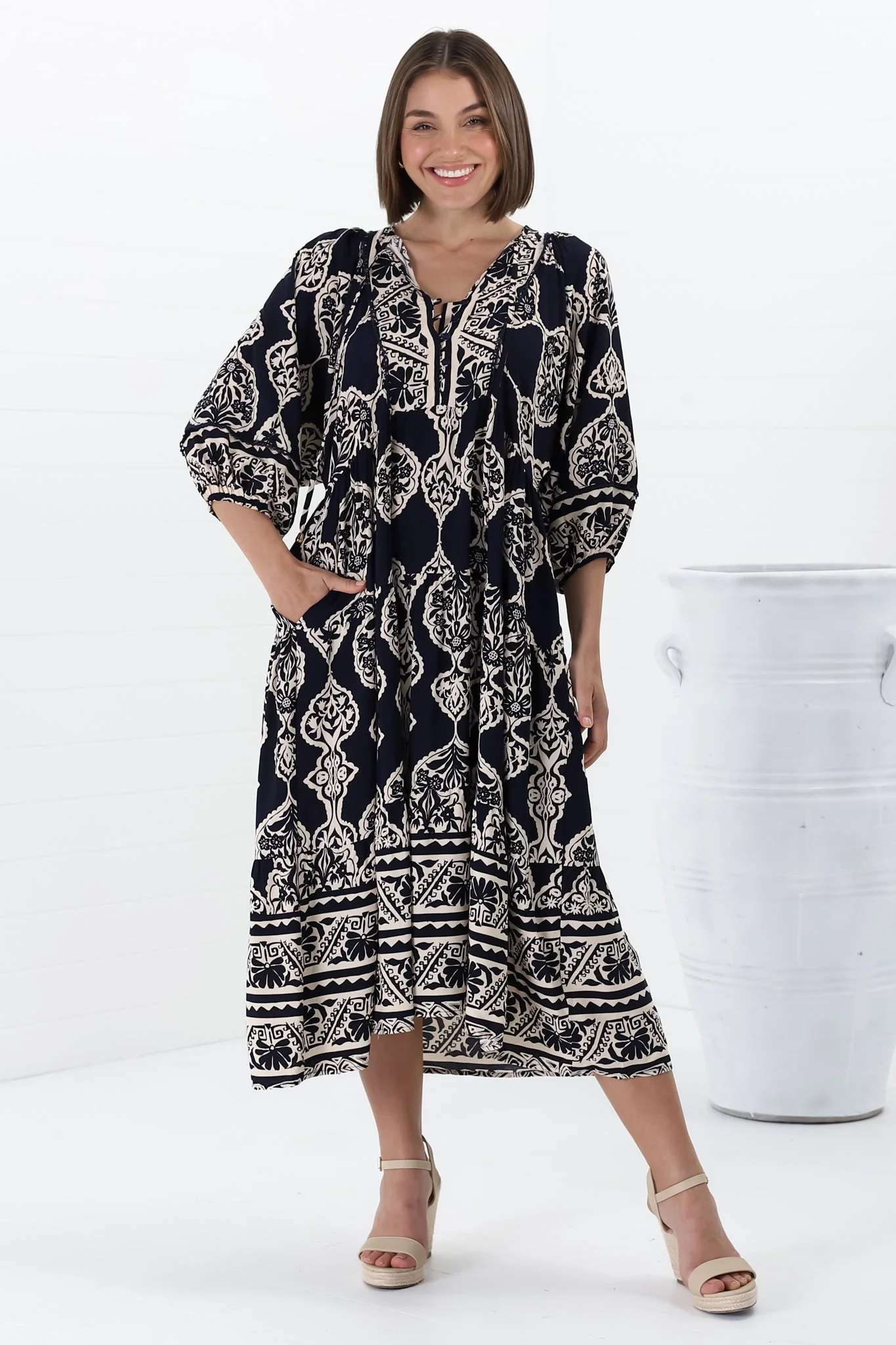 Kamali Midi Dress - Batwing Sleeve Smock Dress with Lace Detailing in Belle Print Navy - Image 27