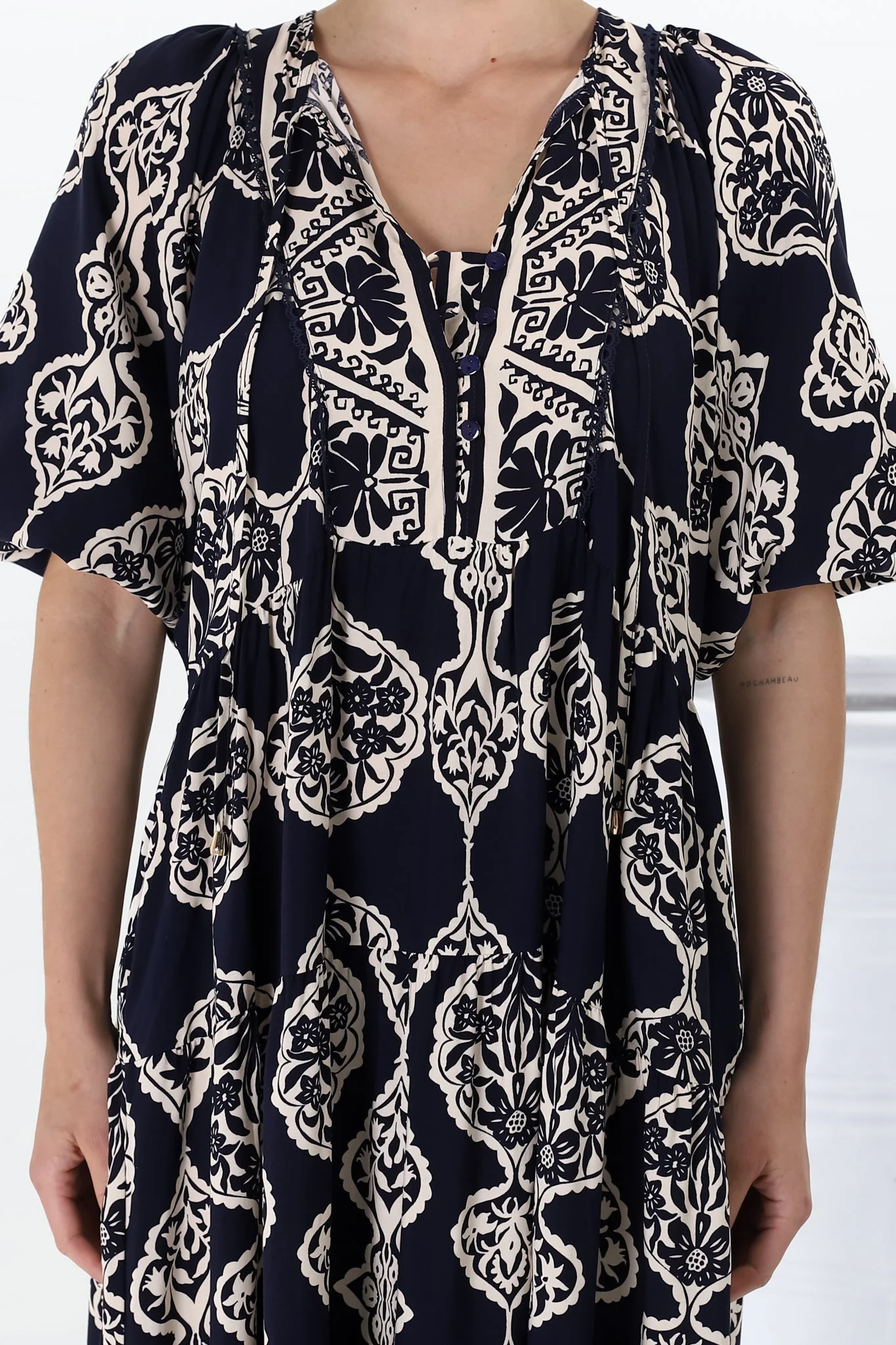 Kamali Midi Dress - Batwing Sleeve Smock Dress with Lace Detailing in Belle Print Navy - Image 28