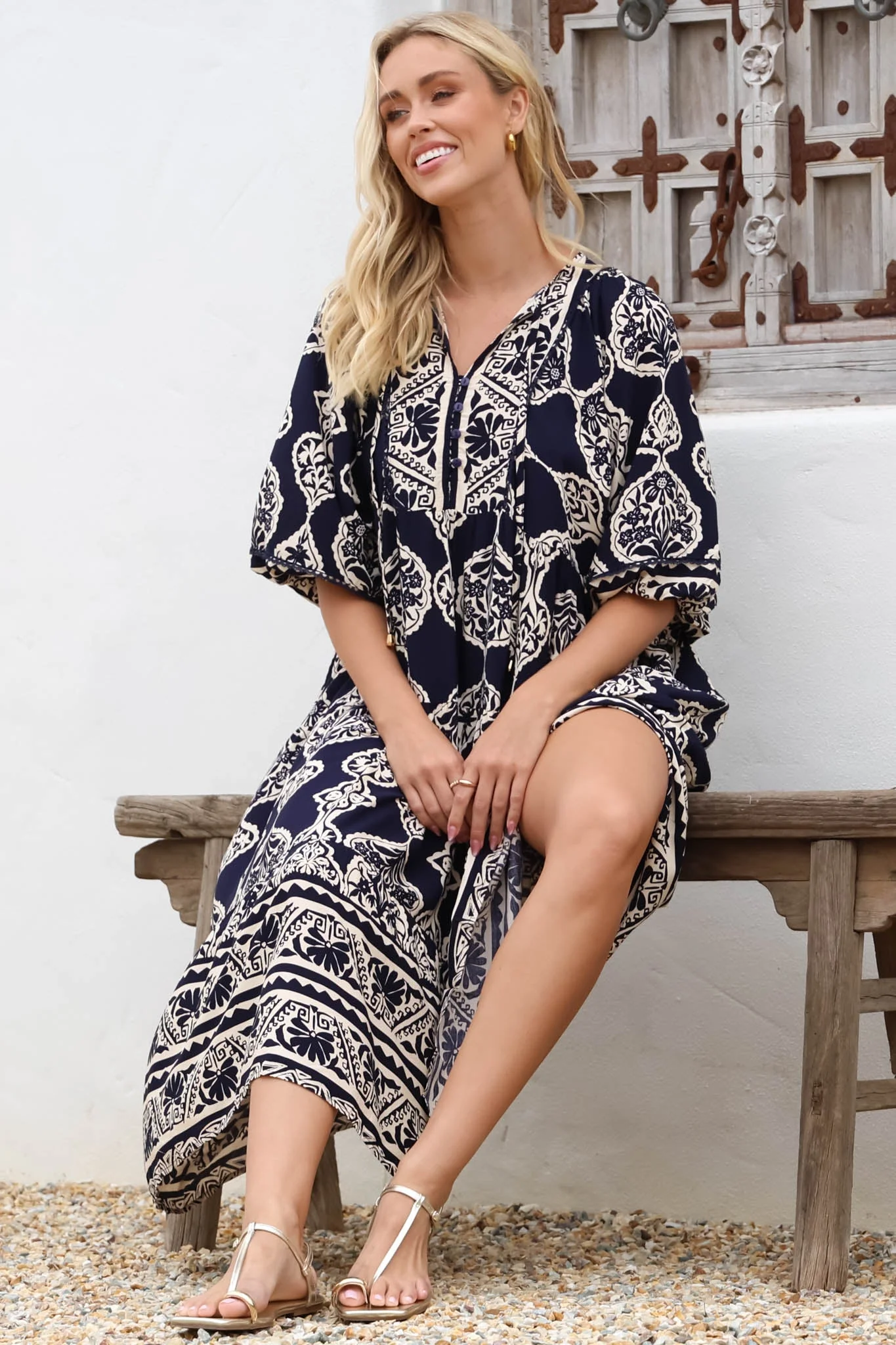 Kamali Midi Dress - Batwing Sleeve Smock Dress with Lace Detailing in Belle Print Navy - Image 3