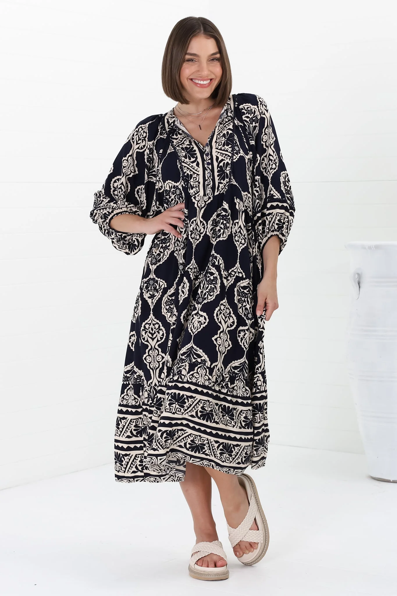 Kamali Midi Dress - Batwing Sleeve Smock Dress with Lace Detailing in Belle Print Navy - Image 4