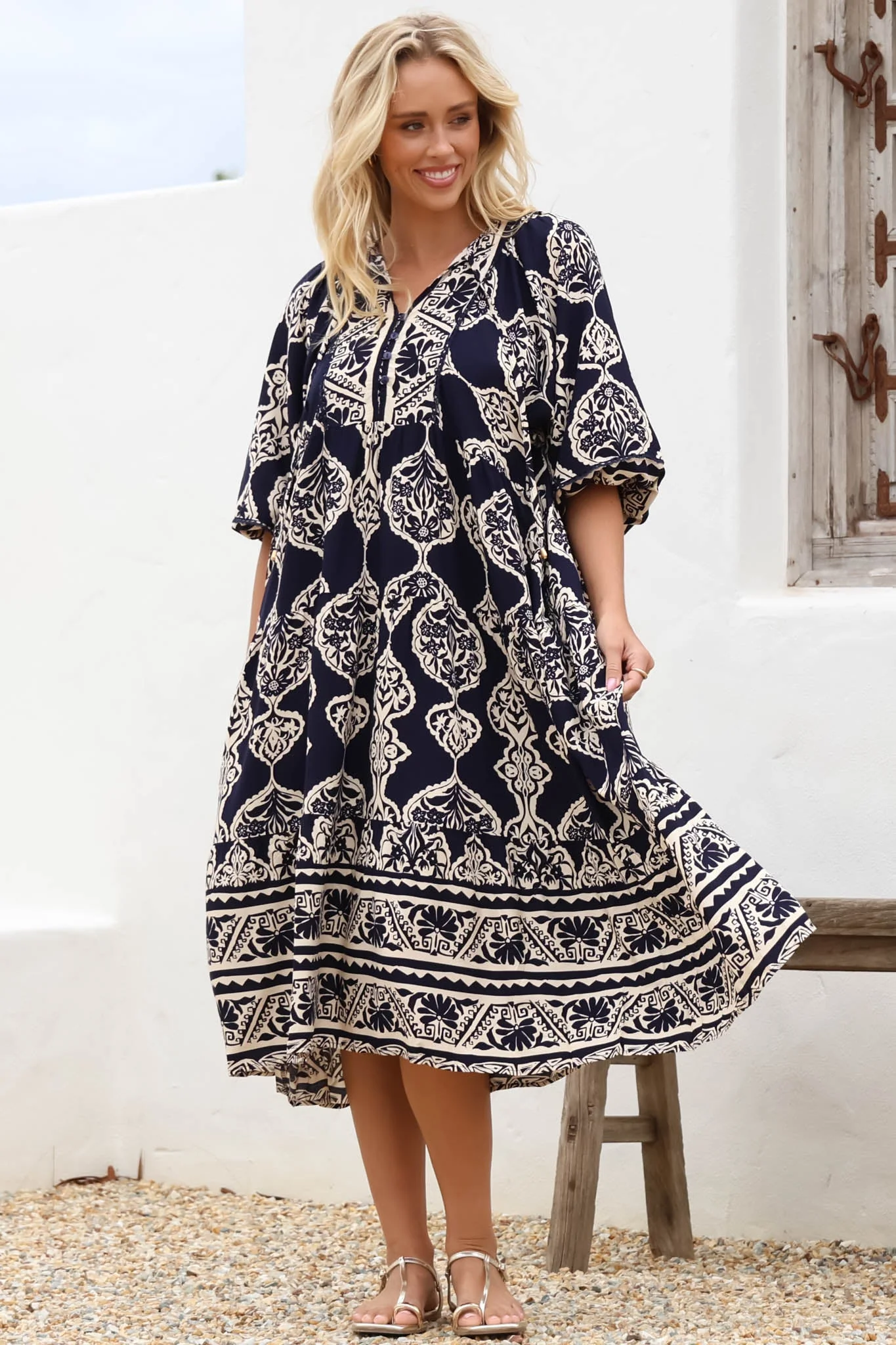 Kamali Midi Dress - Batwing Sleeve Smock Dress with Lace Detailing in Belle Print Navy - Image 5