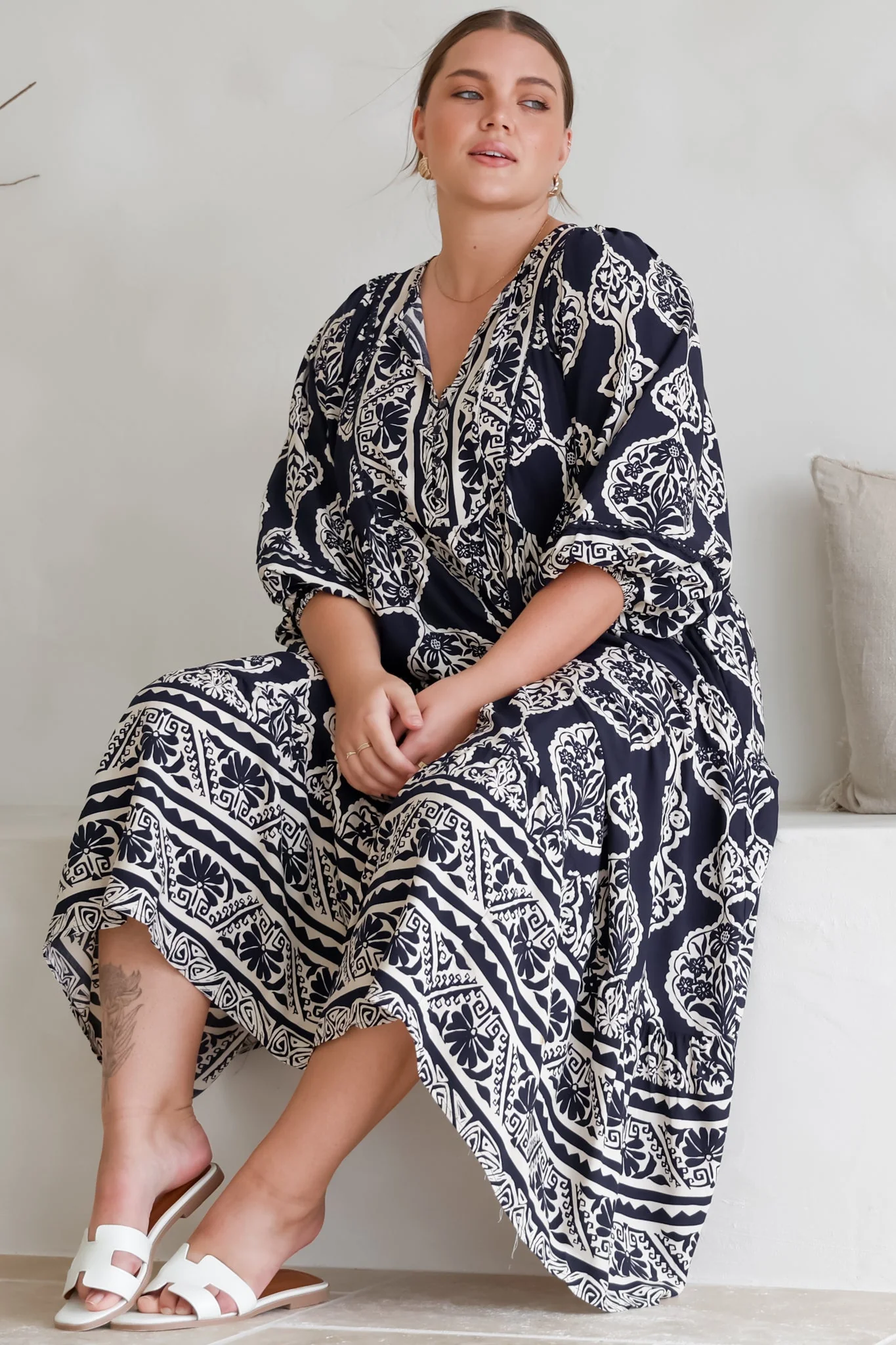 Kamali Midi Dress - Batwing Sleeve Smock Dress with Lace Detailing in Belle Print Navy - Image 6