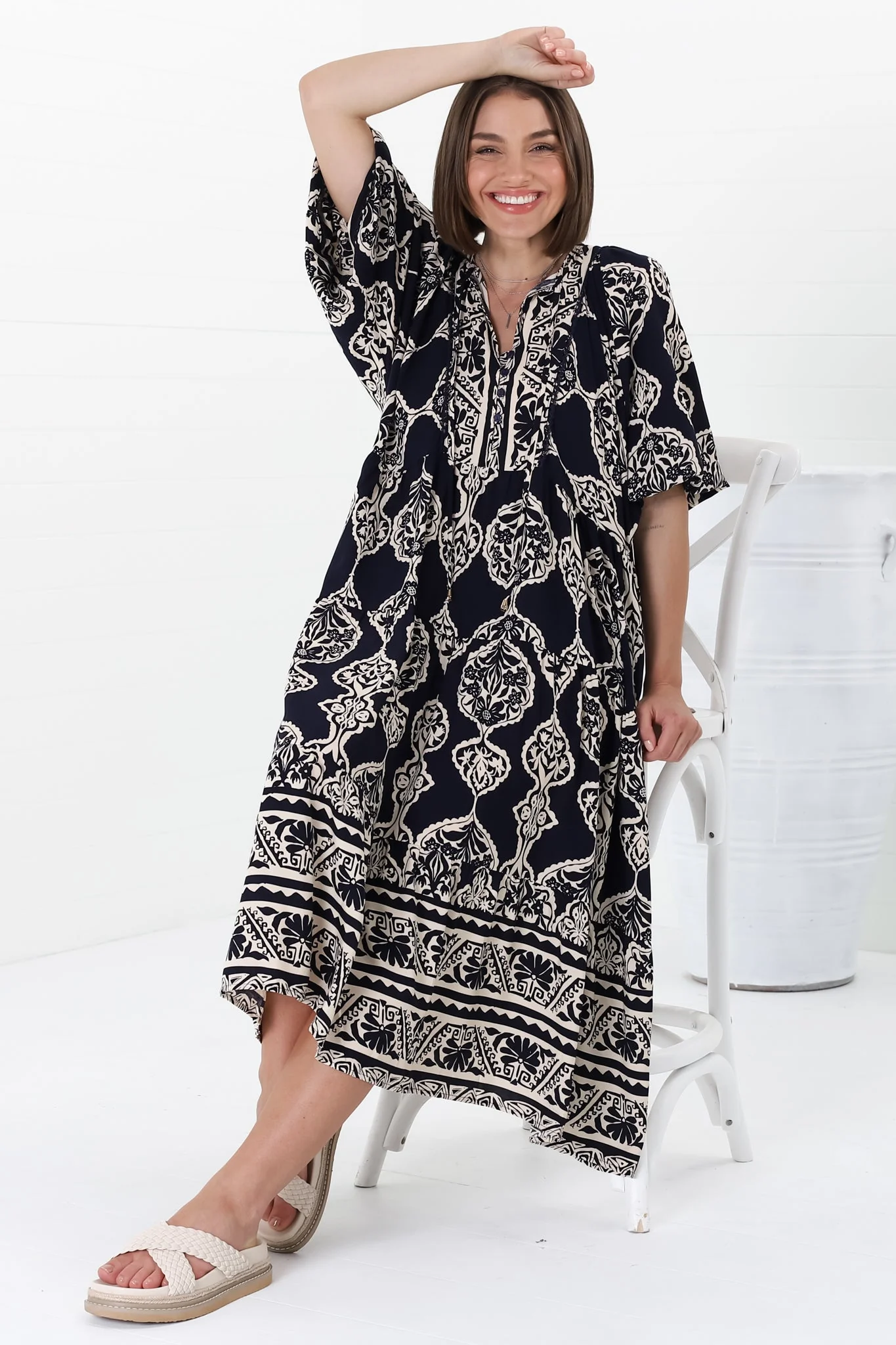 Kamali Midi Dress - Batwing Sleeve Smock Dress with Lace Detailing in Belle Print Navy - Image 7