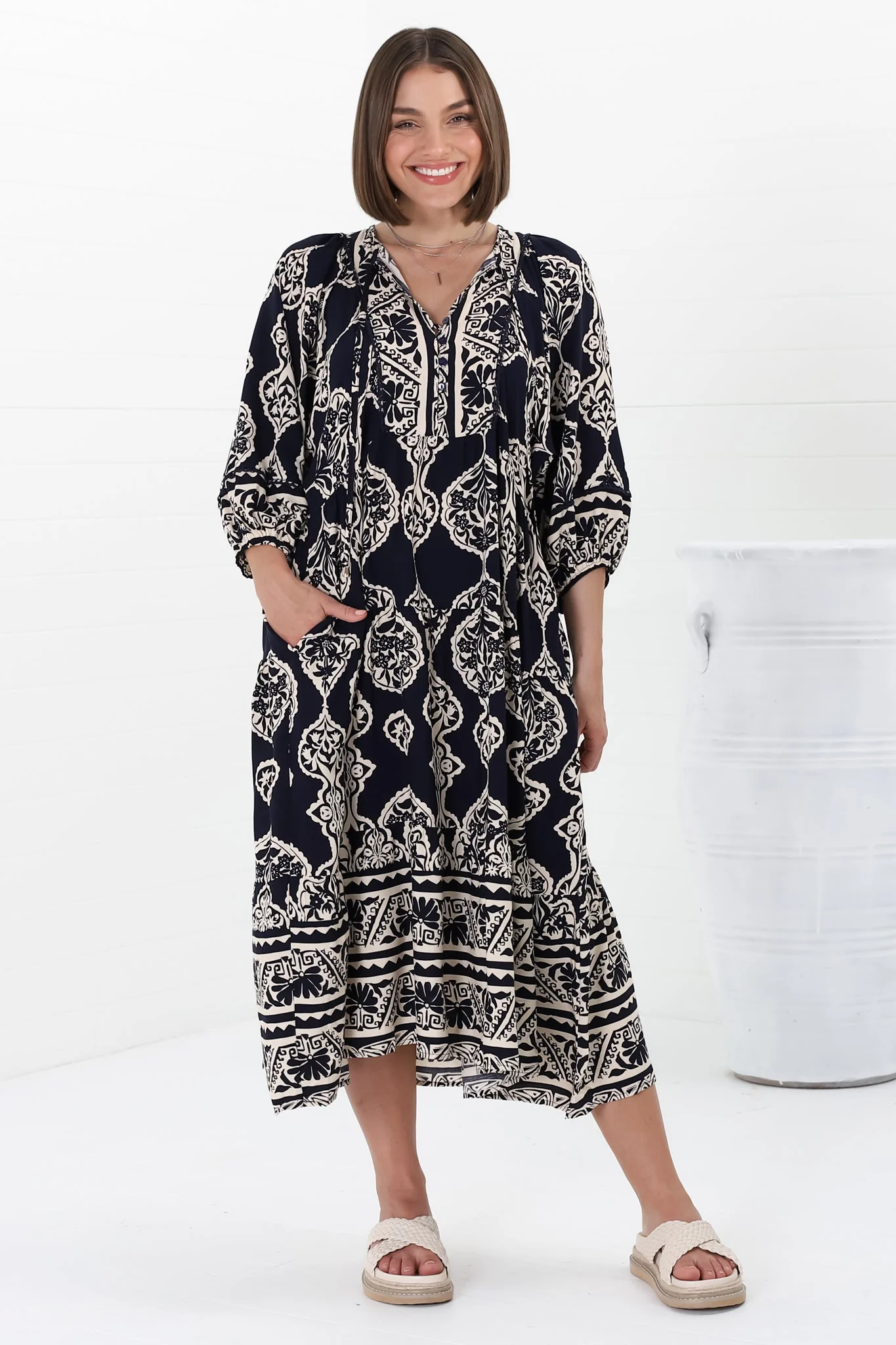 Kamali Midi Dress - Batwing Sleeve Smock Dress with Lace Detailing in Belle Print Navy - Image 8