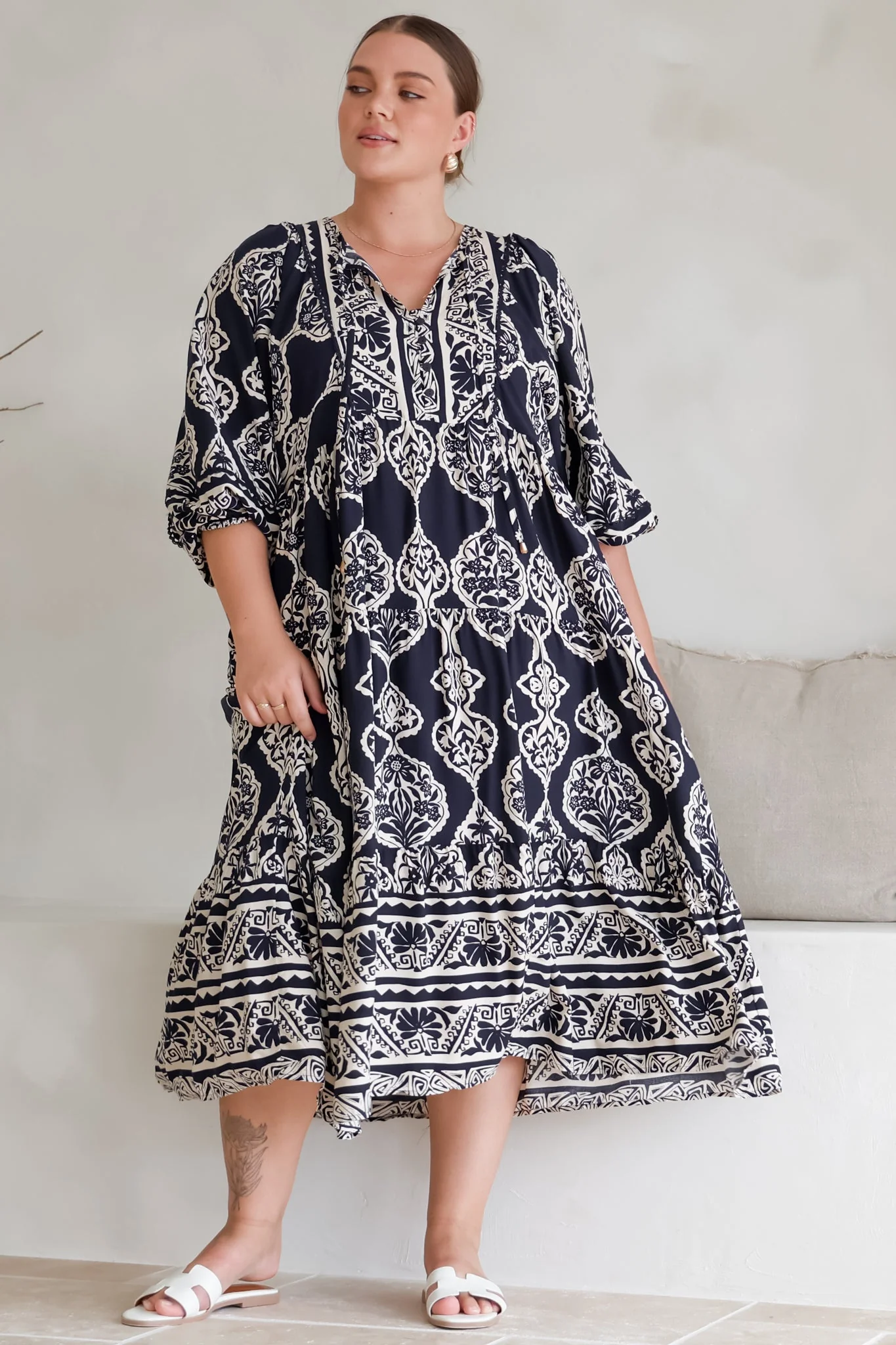 Kamali Midi Dress - Batwing Sleeve Smock Dress with Lace Detailing in Belle Print Navy - Image 9