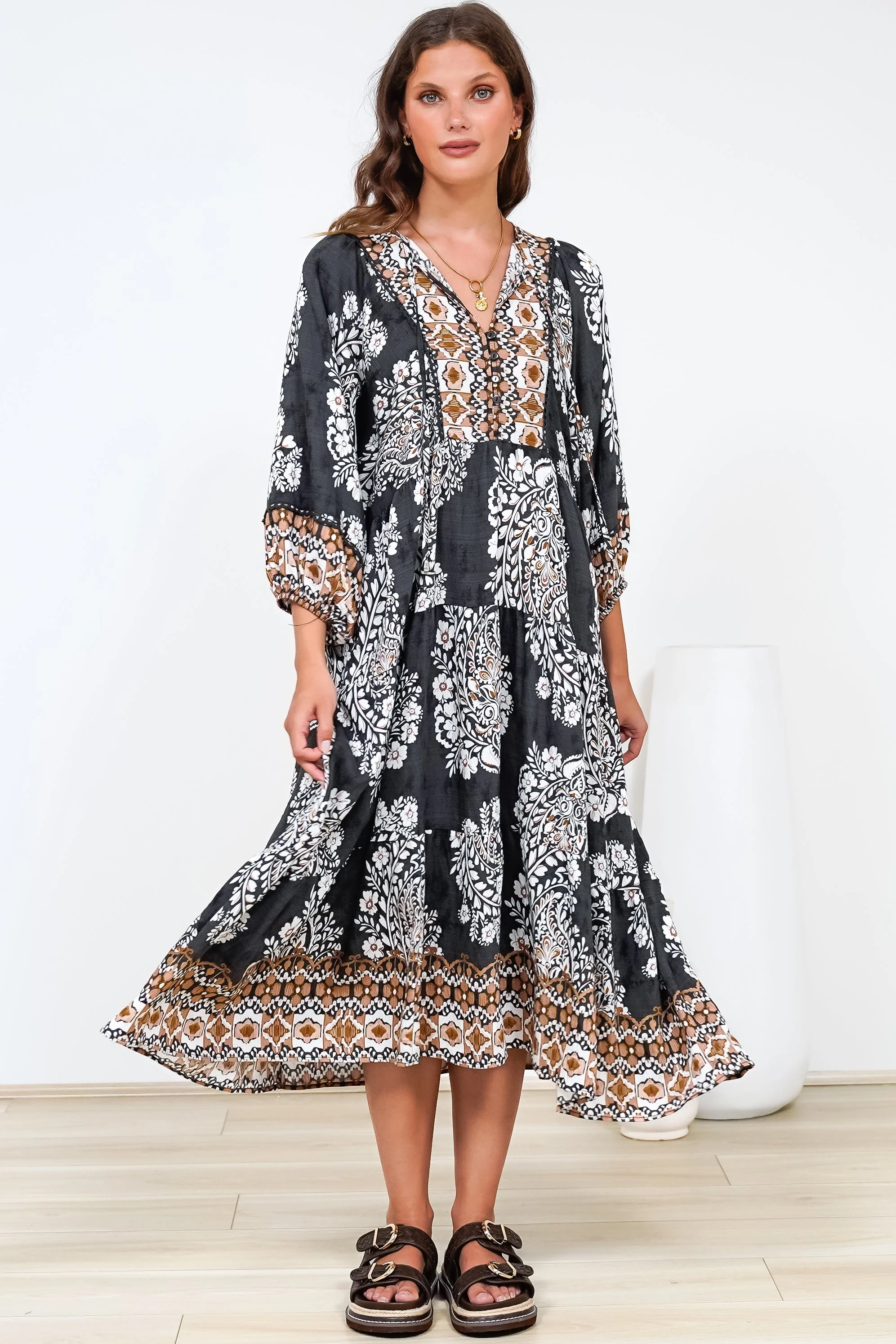 Kamali Midi Dress - Batwing Sleeve Smock Dress with Lace Detailing in Divani Print Black - Image 2