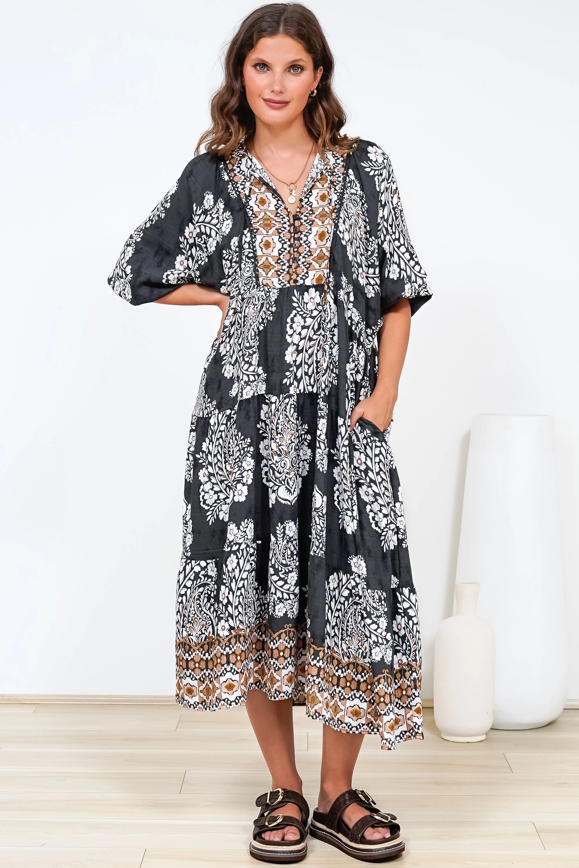 Kamali Midi Dress - Batwing Sleeve Smock Dress with Lace Detailing in Divani Print Black - Image 6
