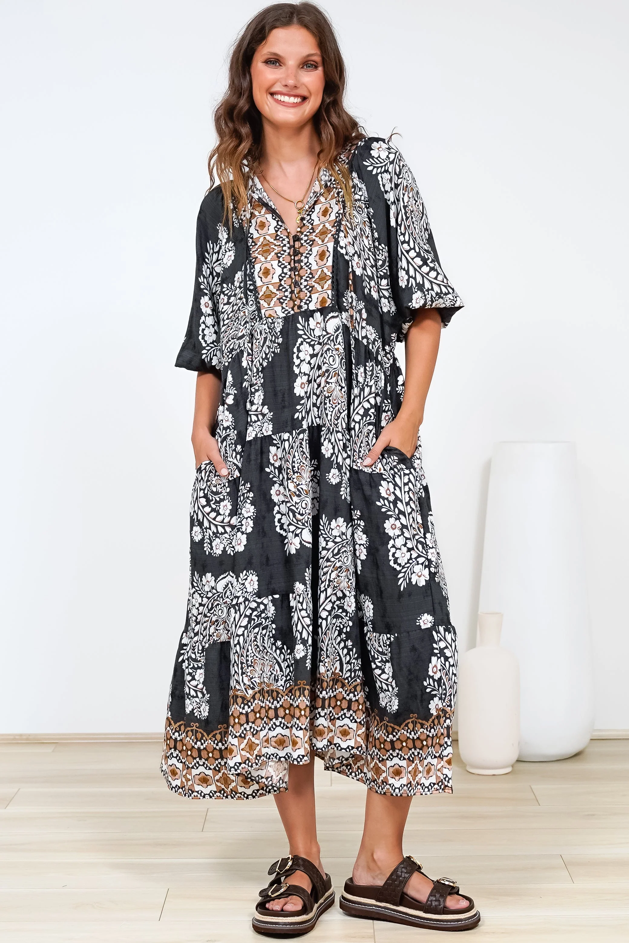 Kamali Midi Dress - Batwing Sleeve Smock Dress with Lace Detailing in Divani Print Black - Image 7