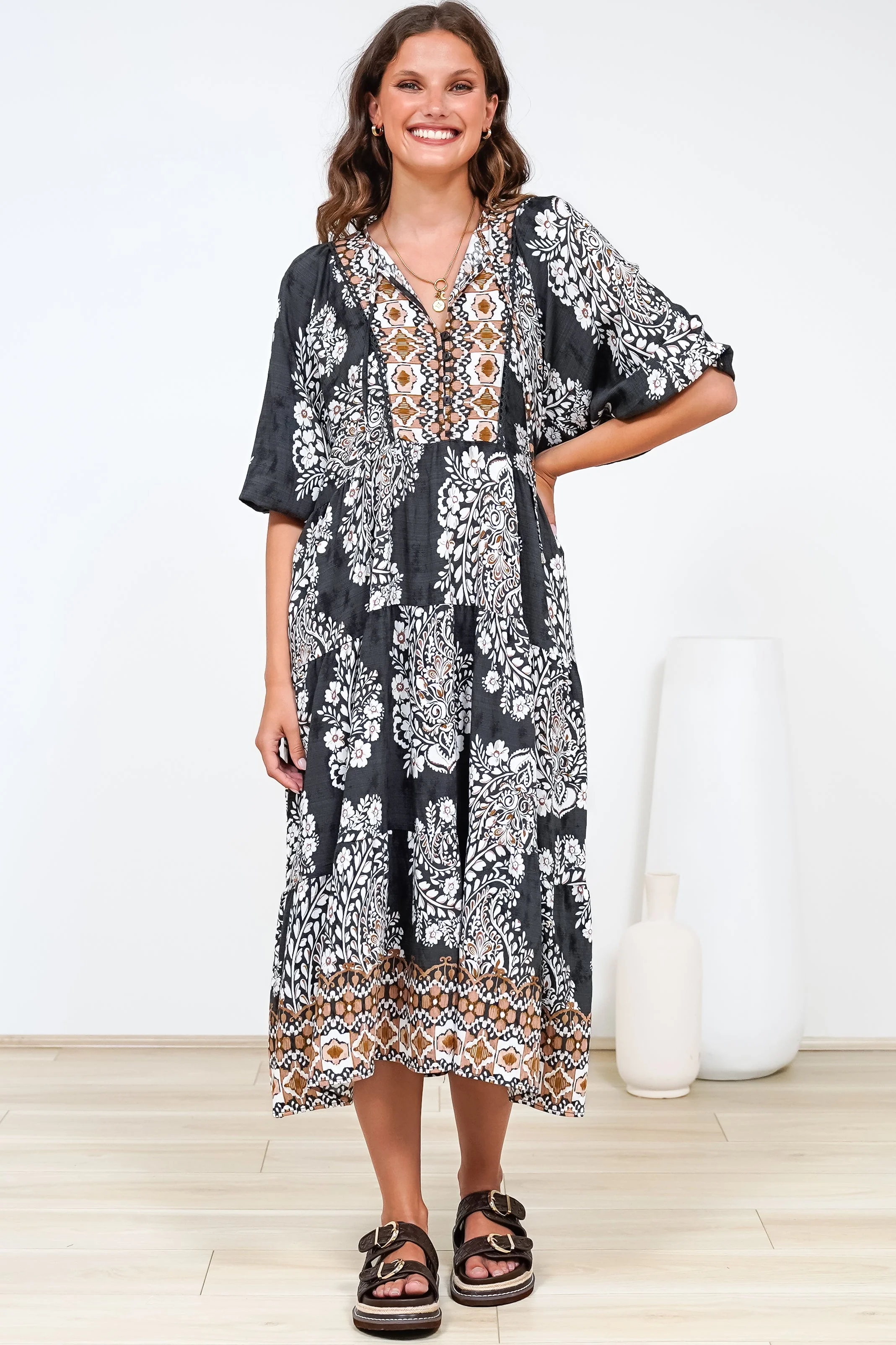 Kamali Midi Dress - Batwing Sleeve Smock Dress with Lace Detailing in Divani Print Black - Image 8