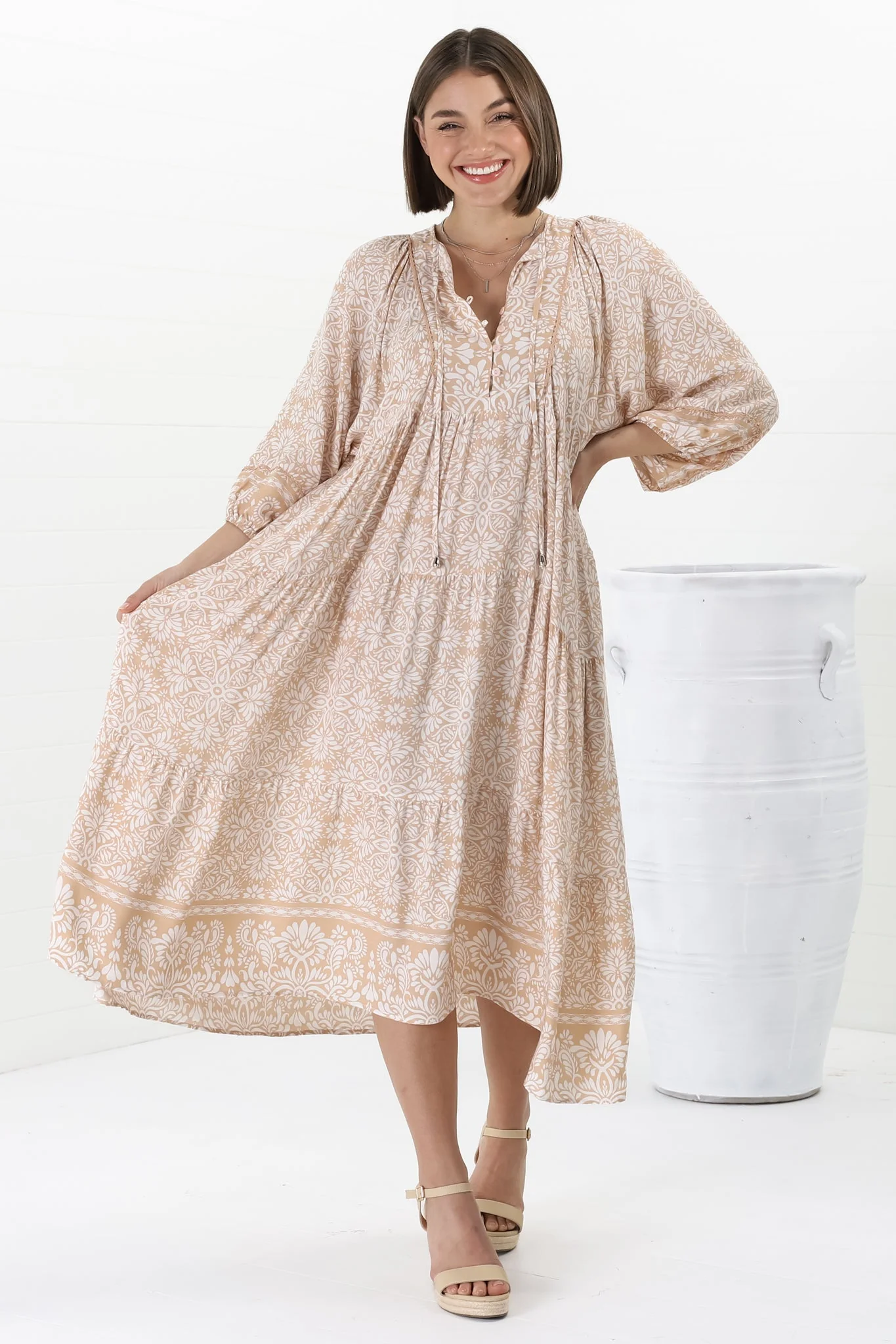 Kamali Midi Dress - Batwing Sleeve Smock Dress with Lace Detailing in Harley Print Beige - Image 10