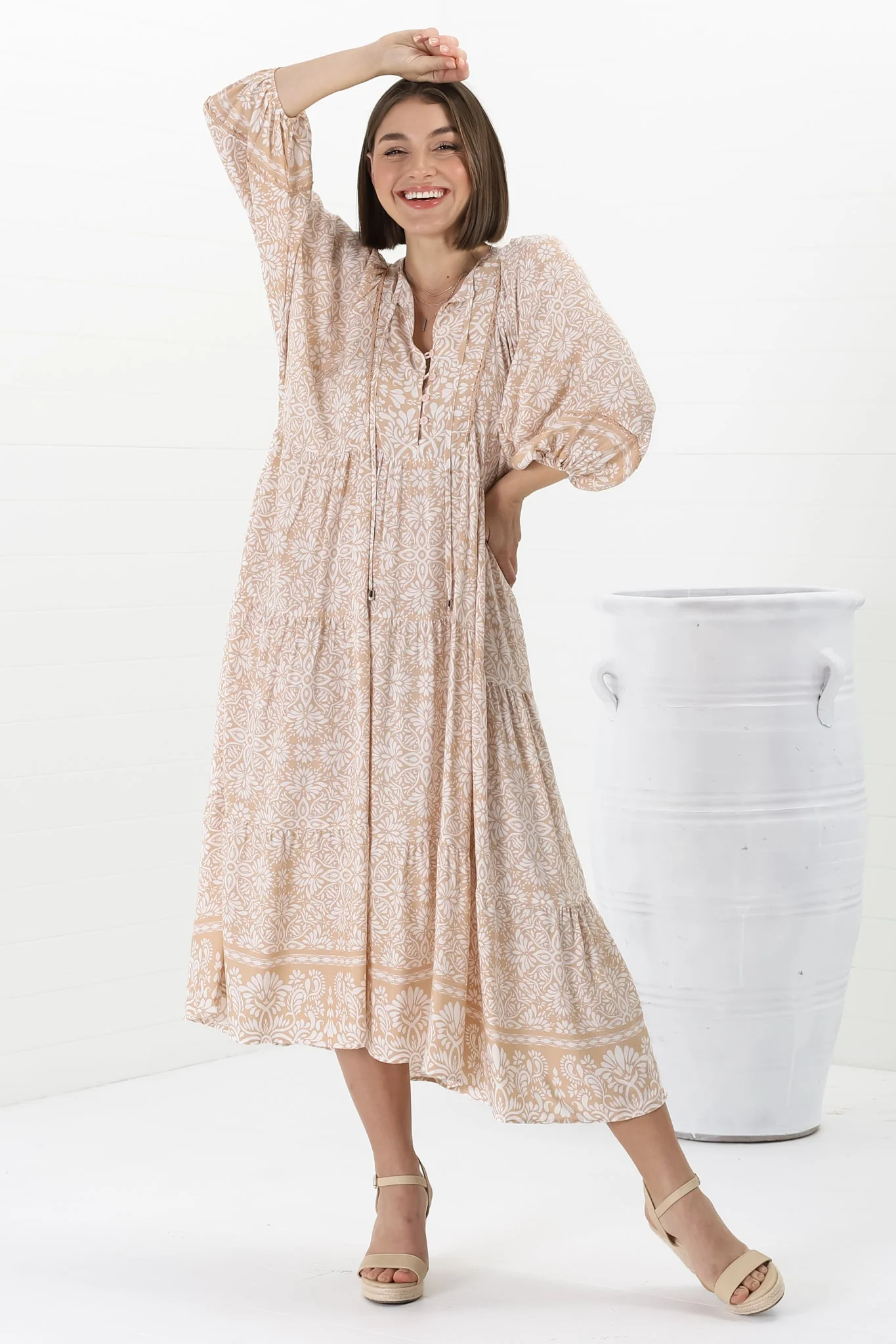 Kamali Midi Dress - Batwing Sleeve Smock Dress with Lace Detailing in Harley Print Beige - Image 12