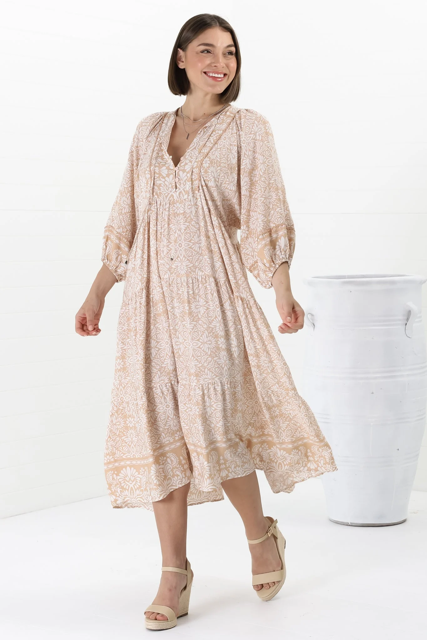 Kamali Midi Dress - Batwing Sleeve Smock Dress with Lace Detailing in Harley Print Beige - Image 13