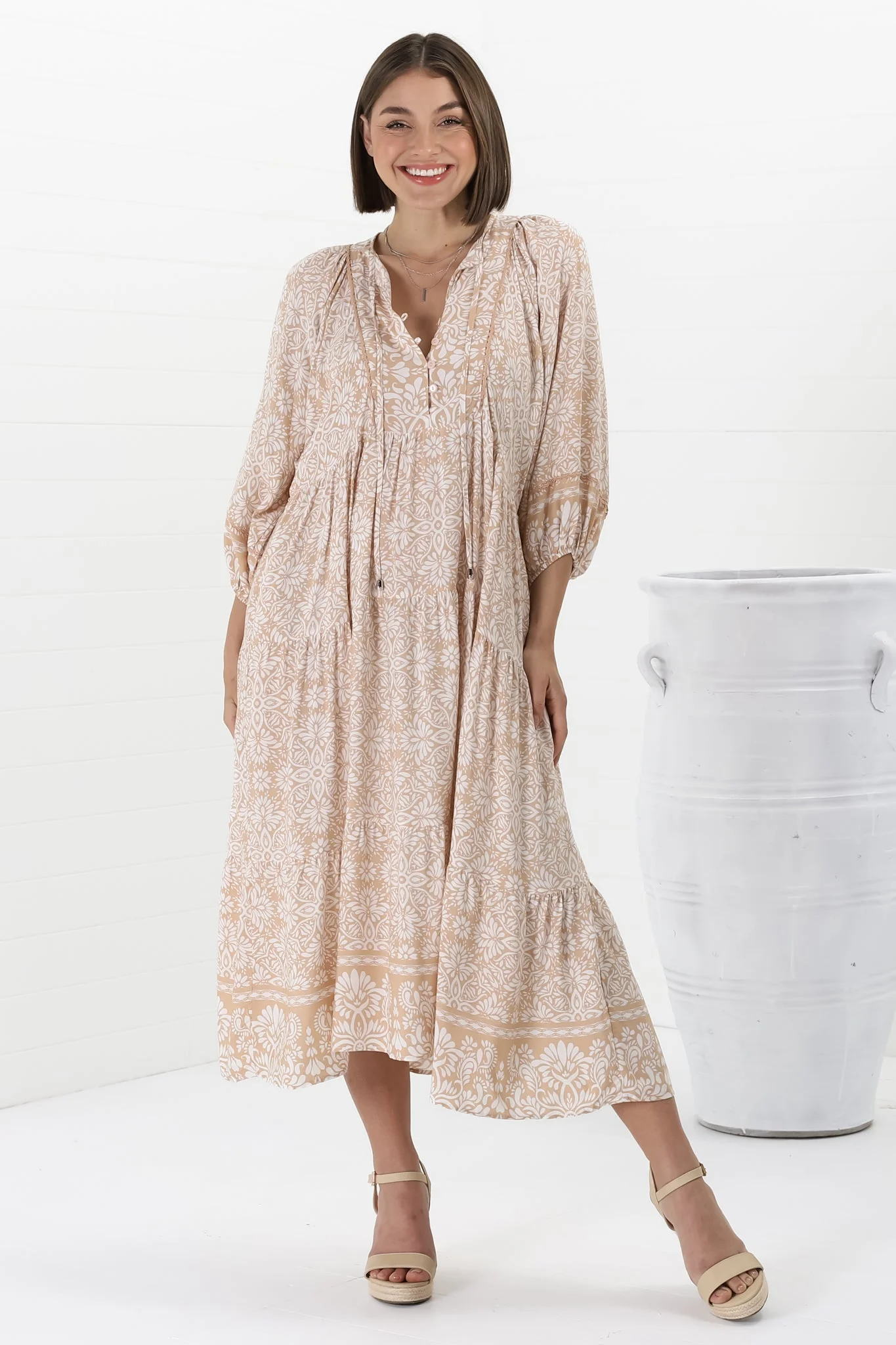 Kamali Midi Dress - Batwing Sleeve Smock Dress with Lace Detailing in Harley Print Beige - Image 14